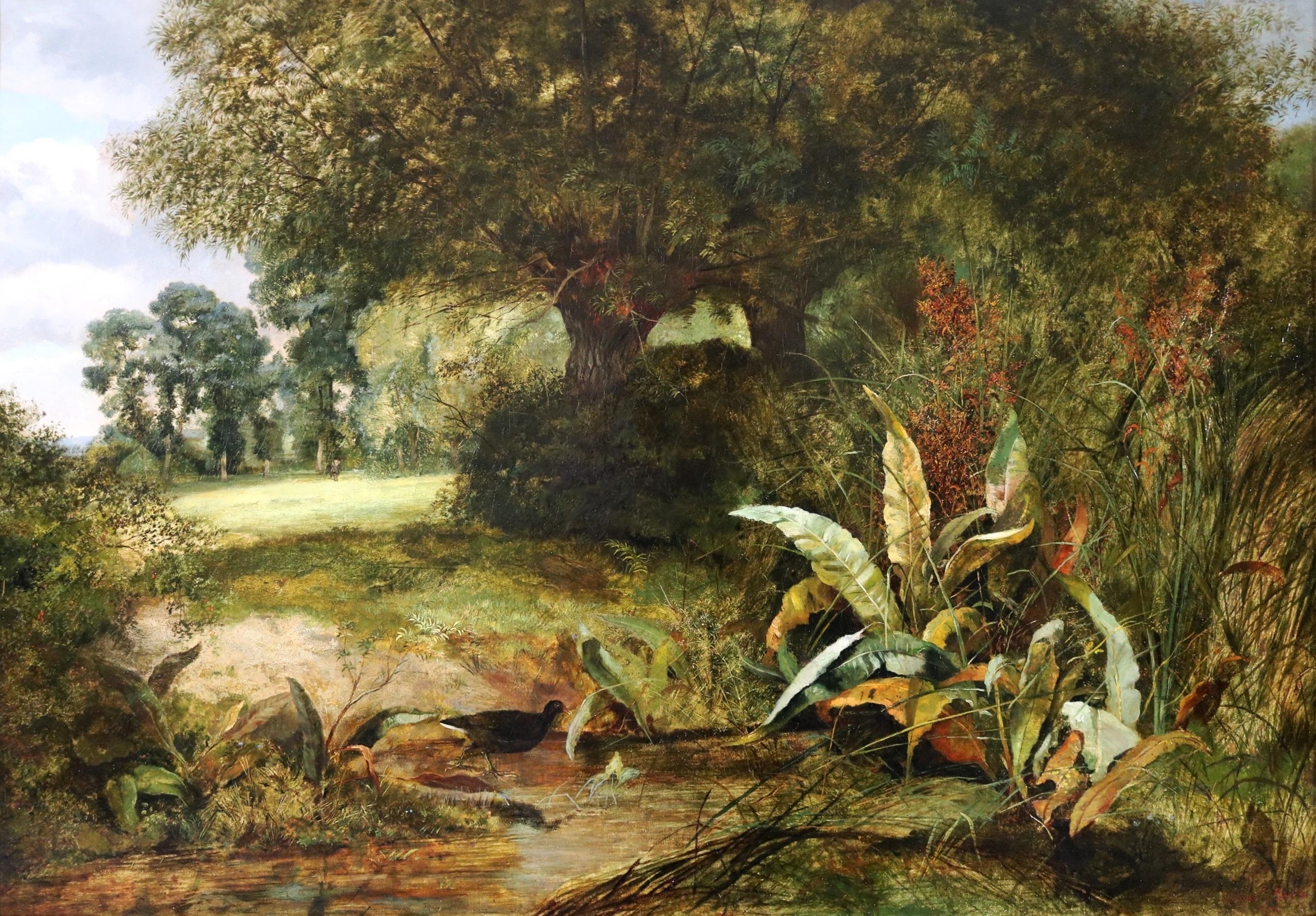 ‘A Quiet Nook’ by Arthur James Stark (1831-1902). The painting – which depicts a moorcock wading in the shallows of a stream in an English woodland landscape – is signed by the artist and was exhibited at the Royal Academy in London in 1857. It was