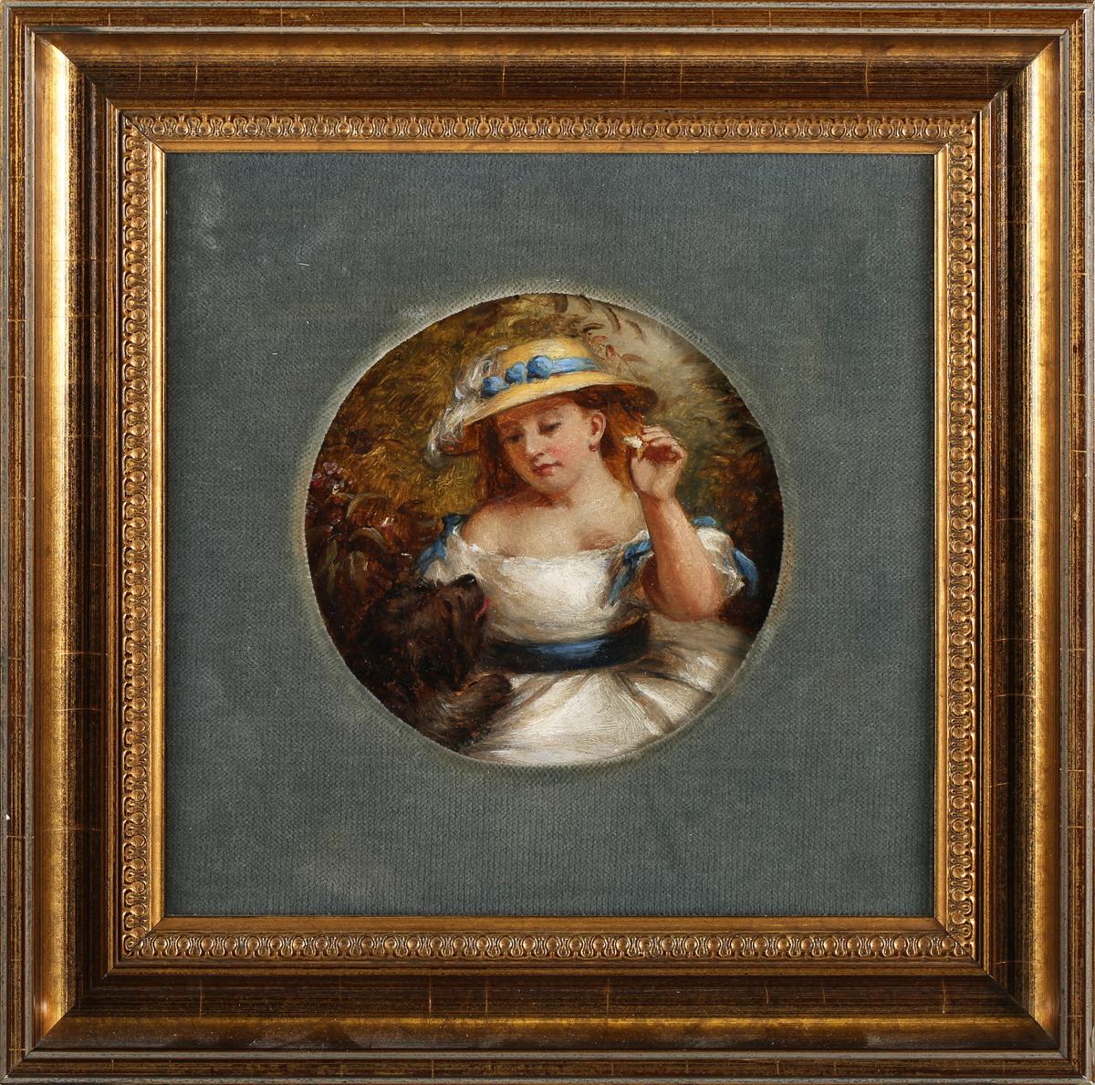 Son animal de compagnie préféré
Jeune femme portant un chapeau de paille et une robe blanche avec des rubans bleus avec son chien. 
Cercle d'Arthur John Elsley, Royaume-Uni 19e siècle
huile sur carton, encadrée
encadré : 9.75 x 9.75 pouces
planche :