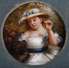 Antique Fine Victorian Oil Painting Young Girl with Pet Dog Circular Original 19th cent.