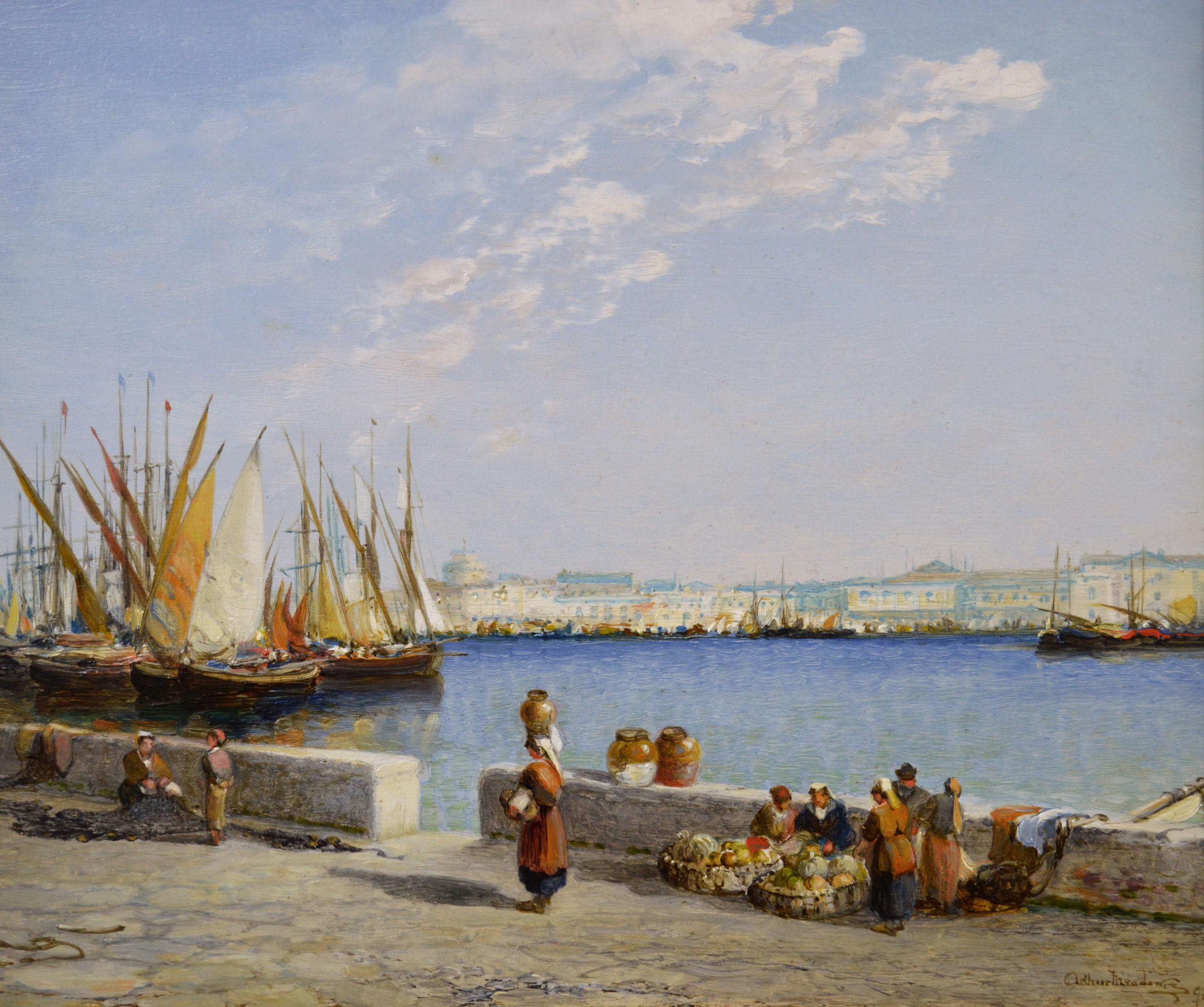 19th Century Italian townscape coastal oil painting of Livorno, Gulf of Genoa - Painting by Arthur Joseph Meadows
