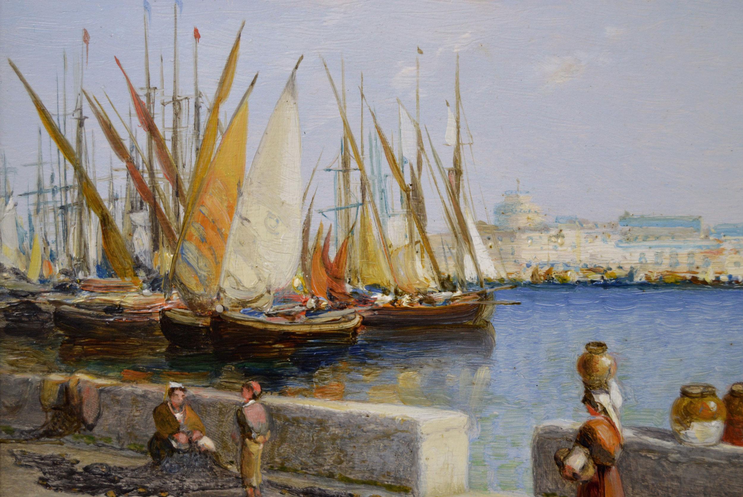 19th Century Italian townscape coastal oil painting of Livorno, Gulf of Genoa - Victorian Painting by Arthur Joseph Meadows