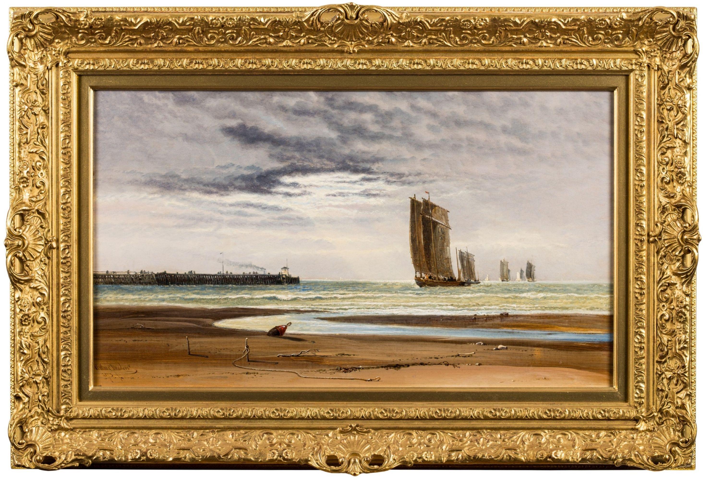 Ein sehr schönes Gemälde des berühmten Seemalers Arthur Joseph Meadows, Off Calais; Fischereiflotte auf dem Rückweg bei Ebbe.
Das Gemälde befindet sich in einem vergoldeten Rahmen im antiken Stil und ist insgesamt 79 cm x 56 cm groß, während das