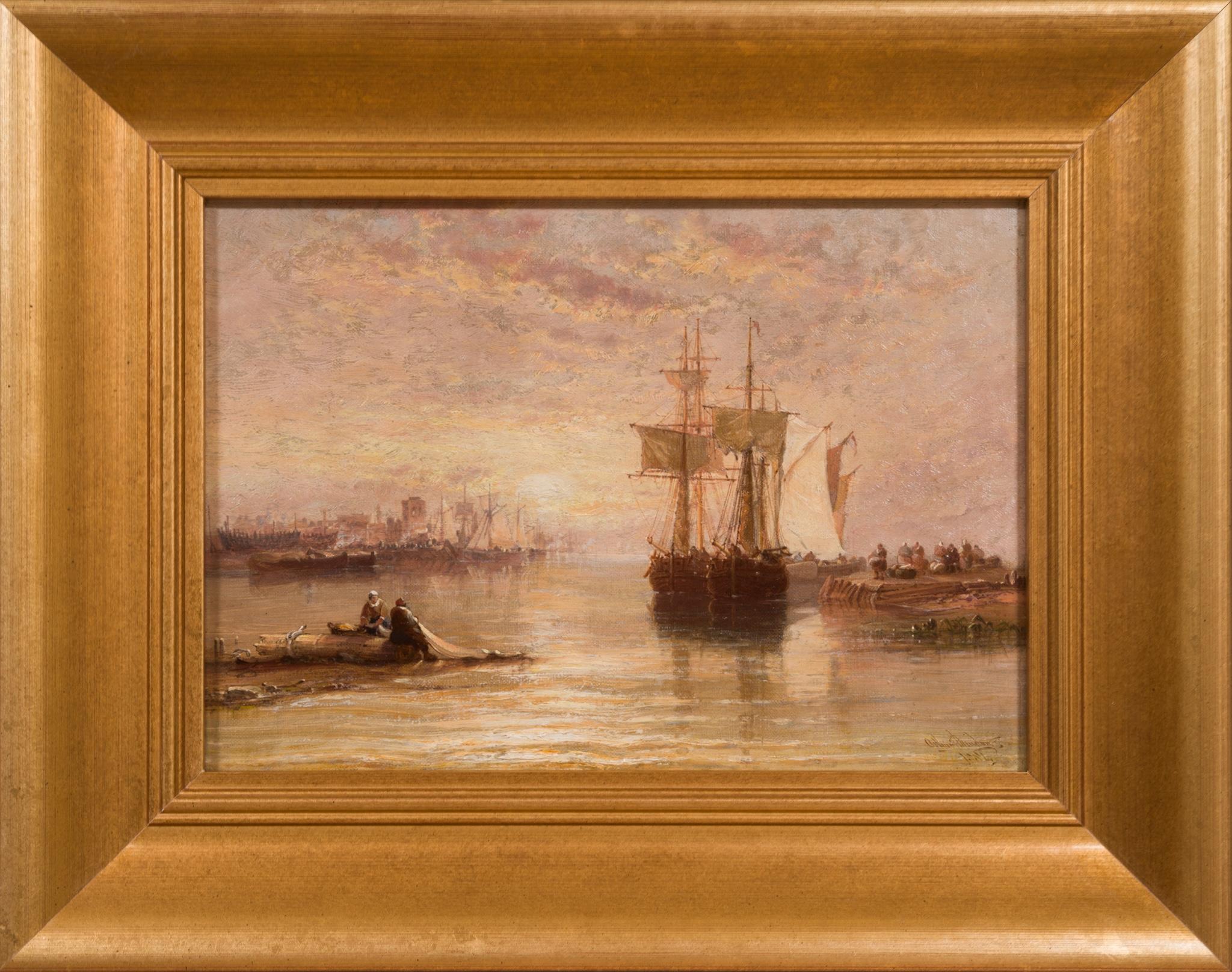 Golden Sunrise on the Maas – Arthur J. Meadows’ Tranquil Masterpiece (1884) - Brown Landscape Painting by Arthur Joseph Meadows