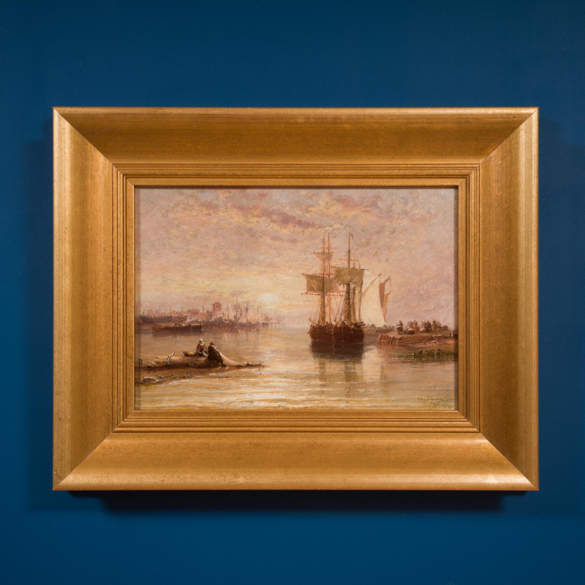 A Golden Dawn on the Maas
In this refined marine painting, Arthur Joseph Meadows captures a tranquil sunrise on the river Maas just below the historic city of Dordrecht (“Dort”). The rising sun spreads a golden expanse of sky and water over the