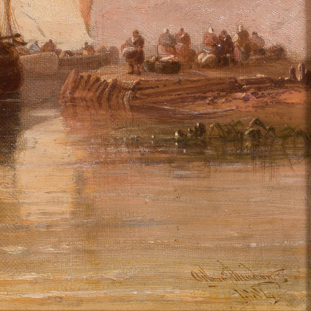 Golden Sunrise on the Maas – Arthur J. Meadows’ Tranquil Masterpiece (1884) For Sale 1