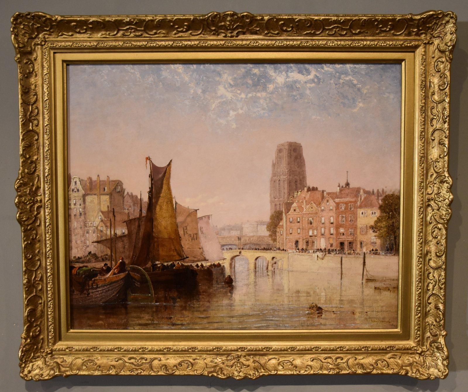 Oil Painting by Arthur Joseph Meadows "Rotterdam" 1843- 1907 Painter of townscapes and coastal marines, regular exhibitor at the Royal academy, society and British Institution Oil on canvas. signed and dated 1883, title verso. Oil on board.