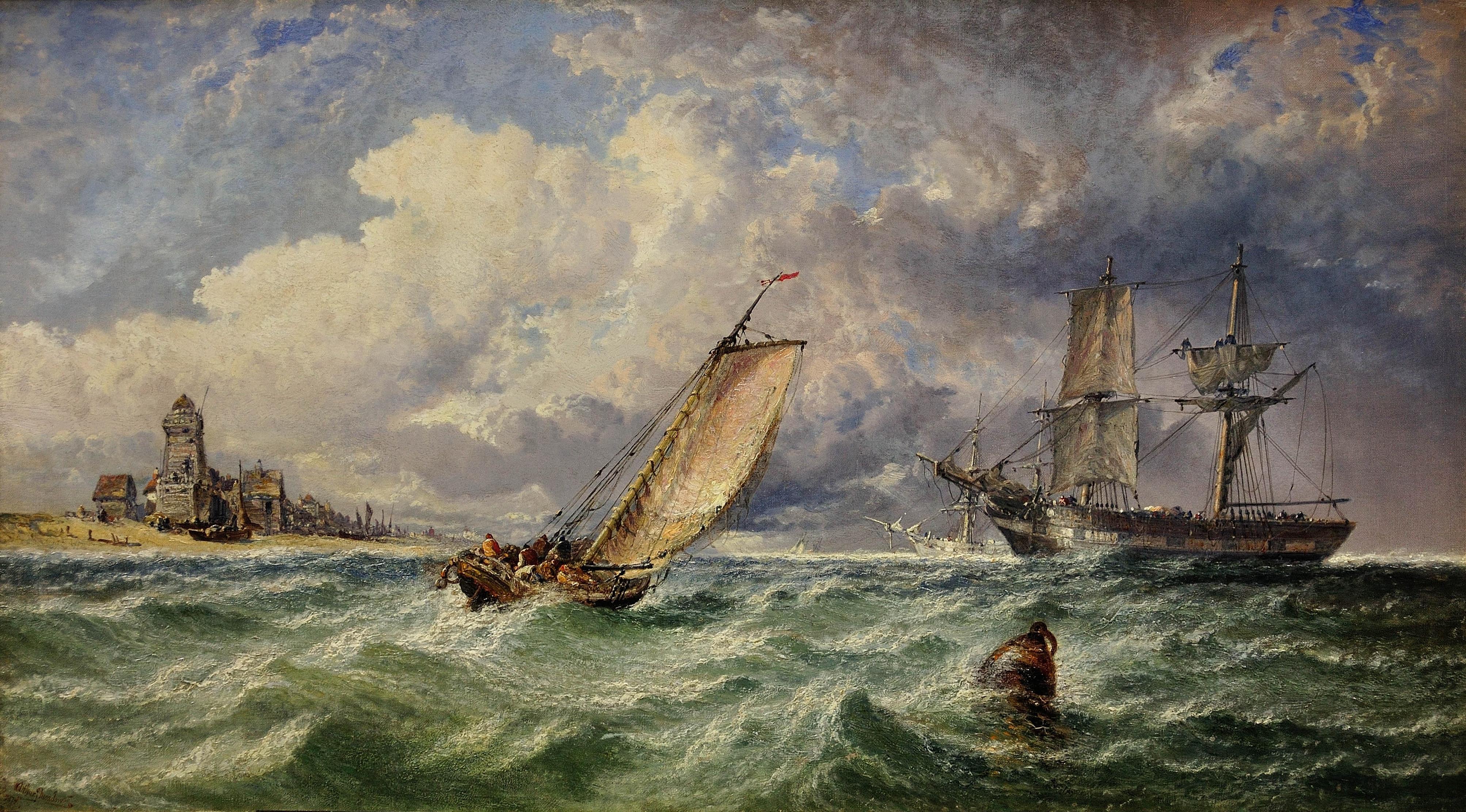The Approaching Gale on The Scheldt Estuary, 1877. Belgian Dutch North Sea Coast - Painting by Arthur Joseph Meadows