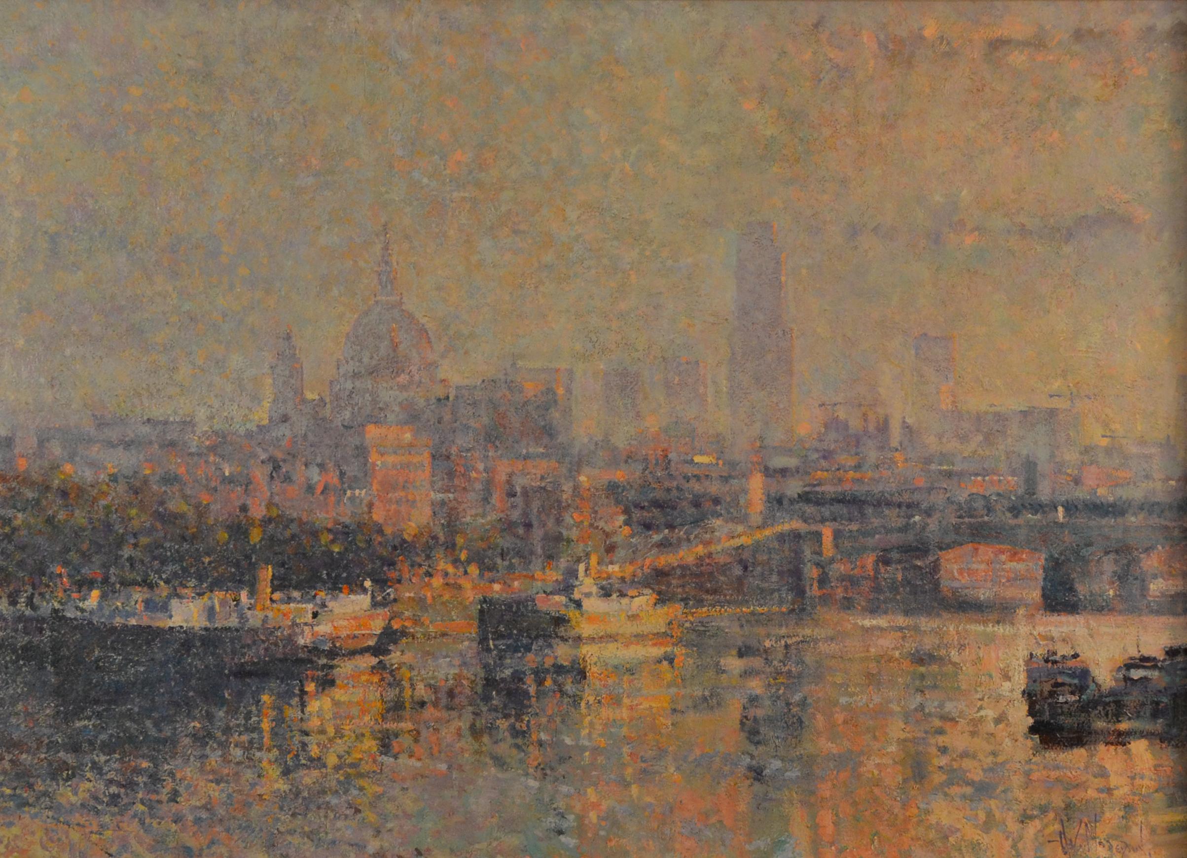 Arthur K Maderson Landscape Painting - The River Thames London, at Sunset