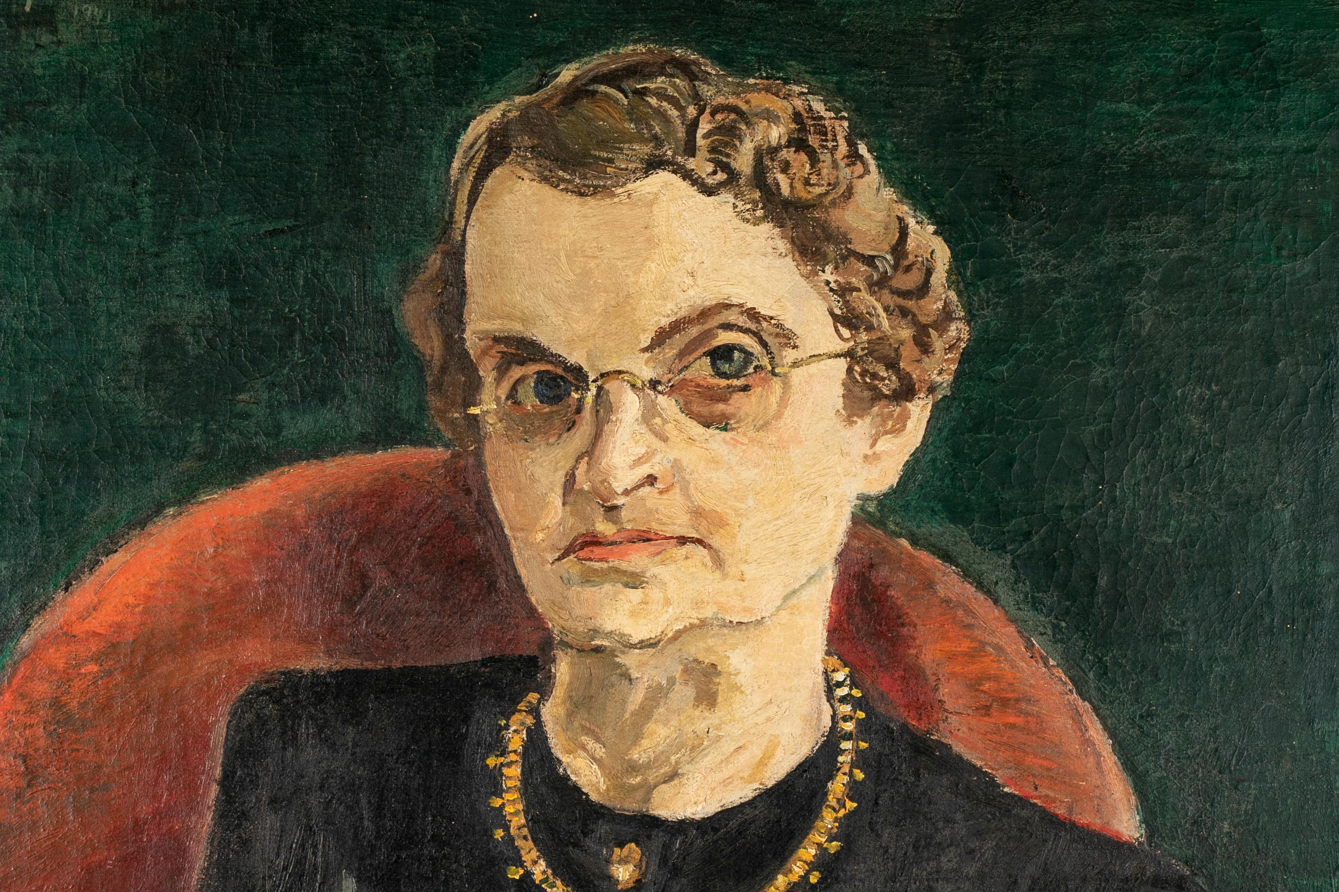 Arthur Kaufmann (German, 1888-1971), oil on canvas portrait of edith Margaret Edwards - Wormley 1941, oil on canvas portrait of Edith Margaret Edwards - Wormley (1907-1971), mother of Edward Wormley. The portrait depicts a small statured woman