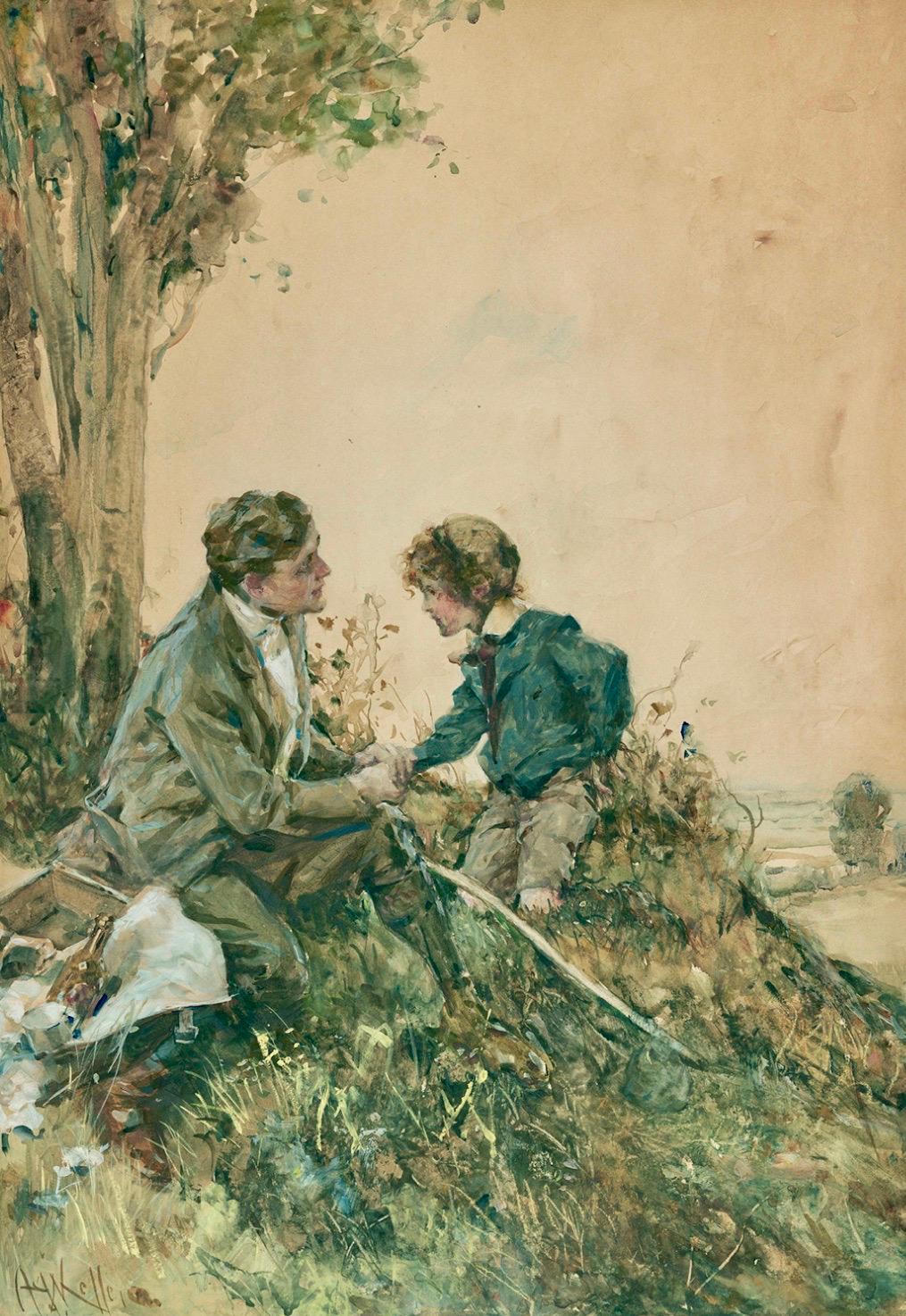 Man and Boy Having Picnic - Painting by Arthur Keller