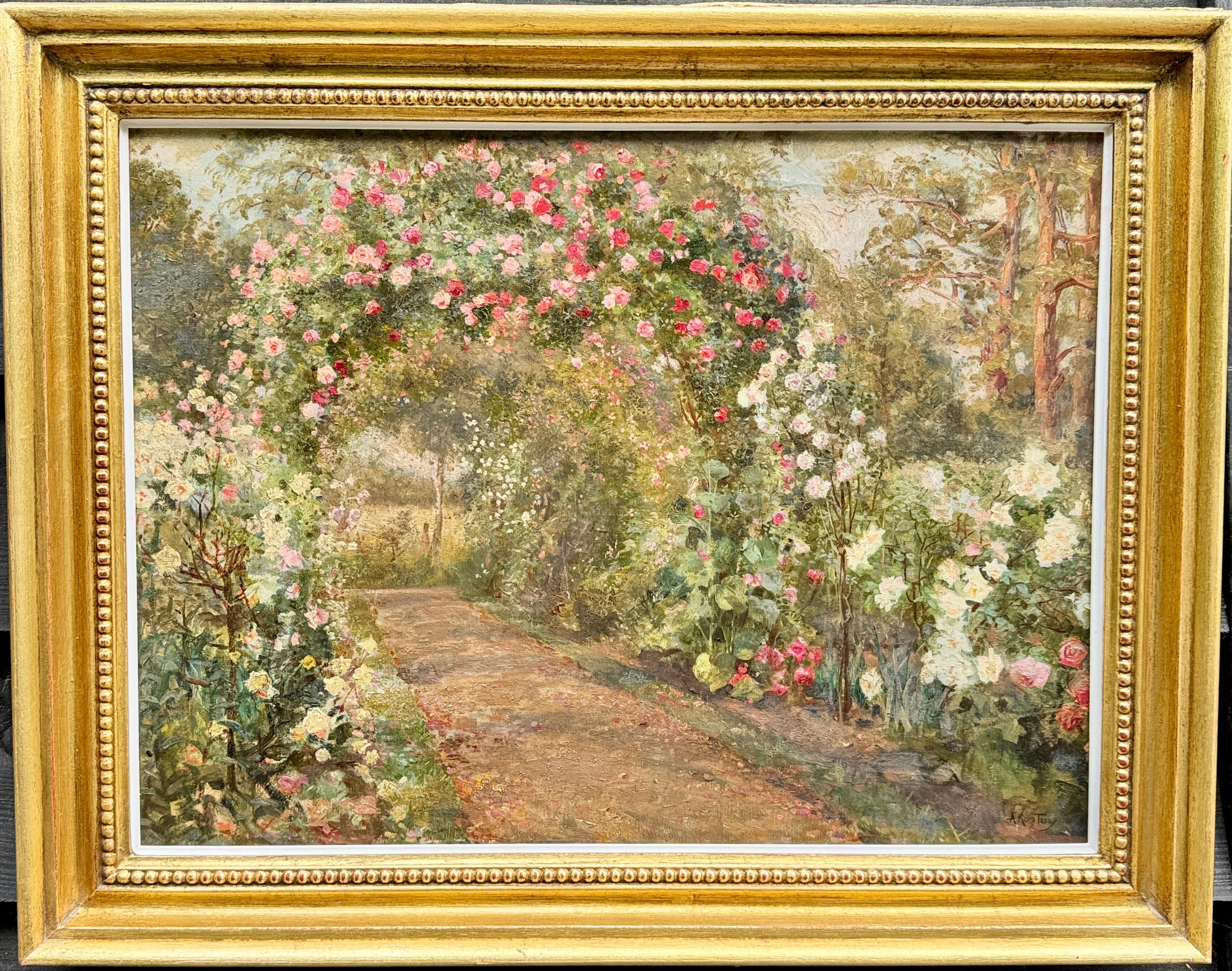 Paysage anglais du XIXe siècle : jardin fleuri avec tonnelle ou arche de roses