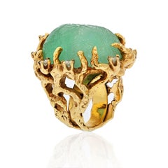 Arthur King 14K Yellow Gold Large Carved Emerald Diamond Ring