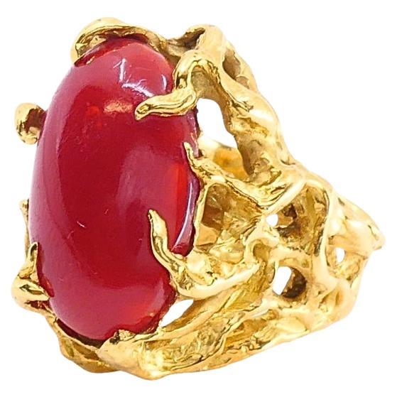 Arthur King 18k Gold Brutalist  Coral Cabochon Cocktail Ring