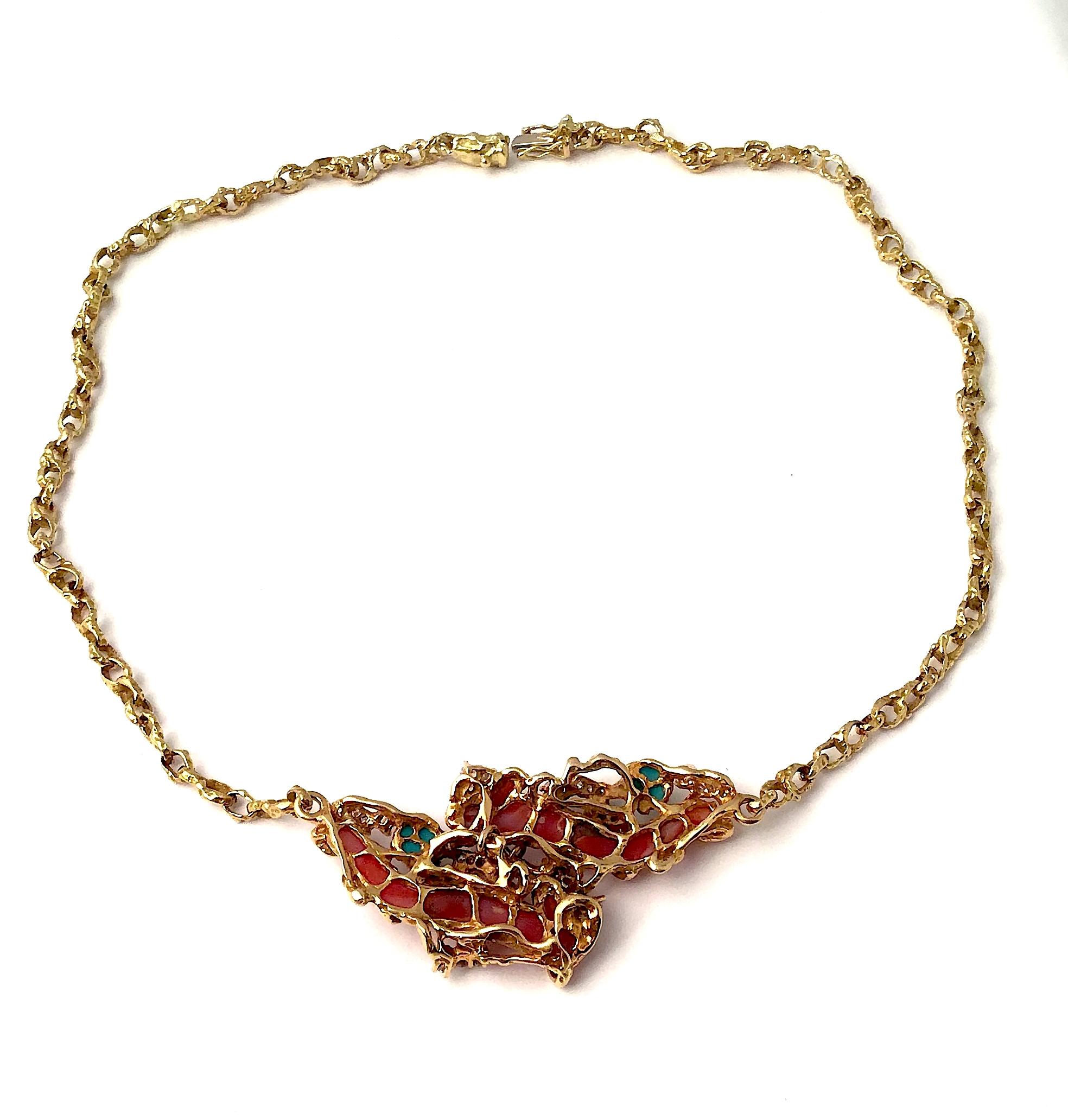 Arthur King Jewelry 18 Karat Yellow Gold Coral Diamond Necklace, circa 1970 For Sale 1