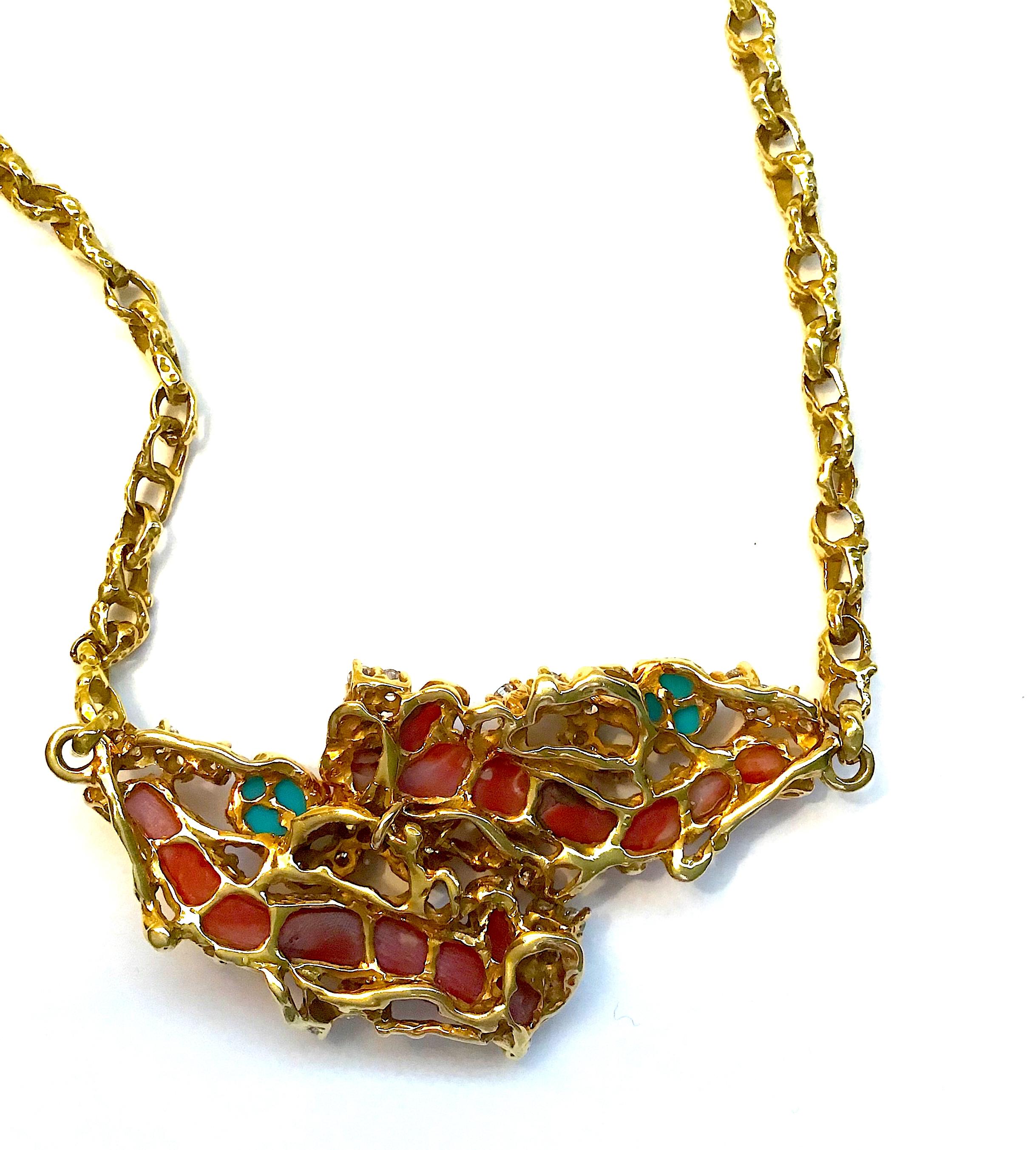 Arthur King Jewelry 18 Karat Yellow Gold Coral Diamond Necklace, circa 1970 For Sale 2