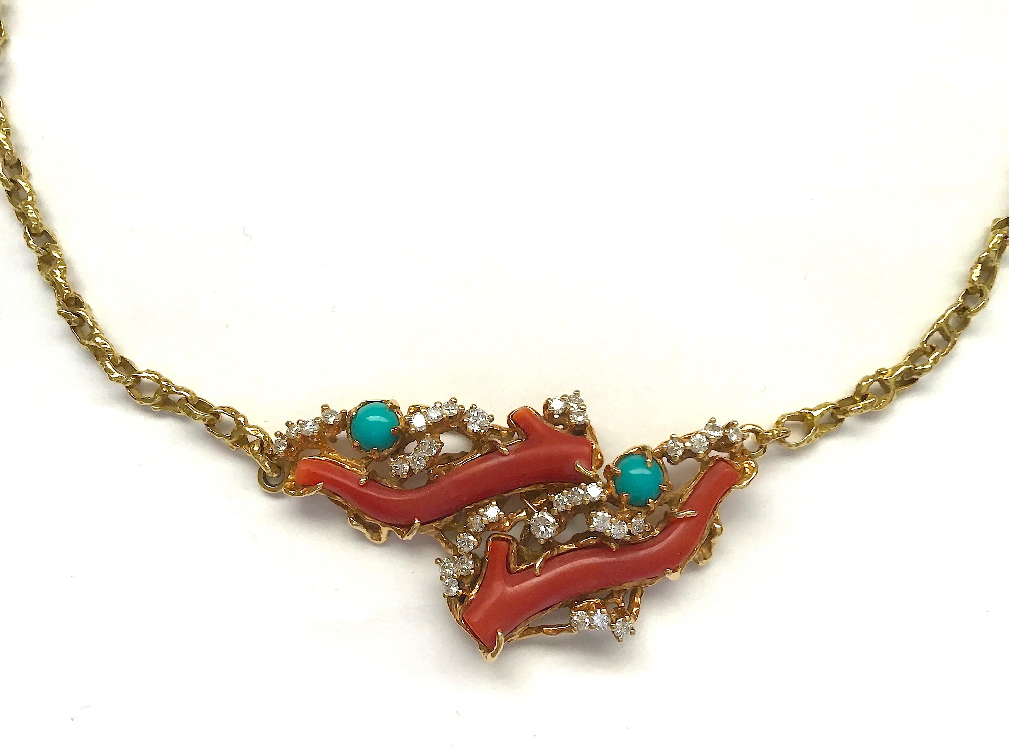 Arthur King Schmuck 18 Karat Gelbgold Koralle Diamant Halskette, um 1970 (Ungeschliffen) im Angebot