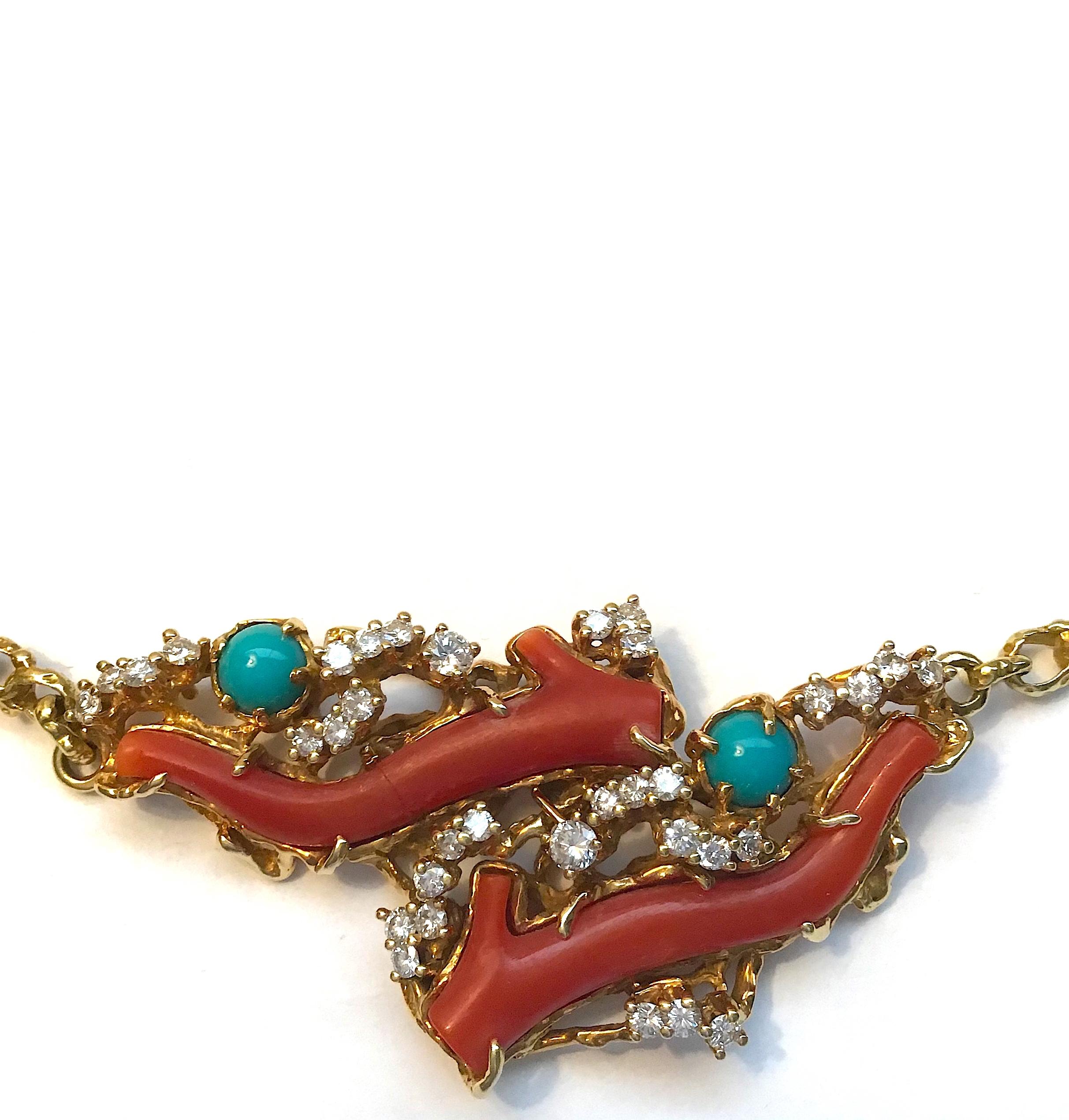 Arthur King Jewelry 18 Karat Yellow Gold Coral Diamond Necklace, circa 1970 In Good Condition For Sale In Austin, TX