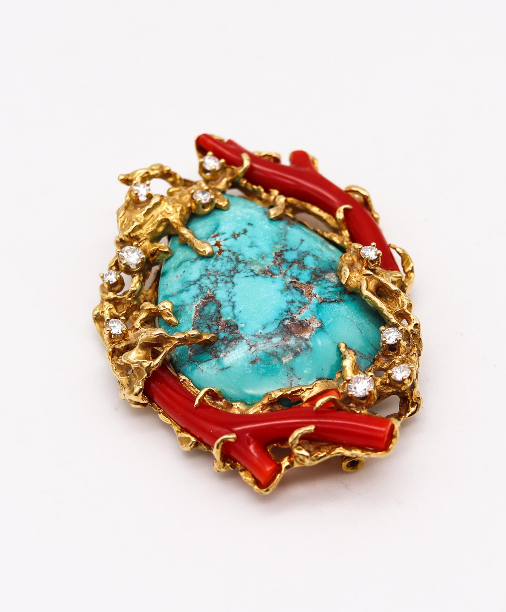 A organic modernist pendant brooch designed by Arthur King.

A magnificent sculptural piece, created by the artist goldsmith Arthur King at his atelier in New York city, back in the middle of the 1960s. This colorful pendant-brooch is very rare and