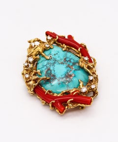 Arthur King 1960 Organic Piece 18Kt Gold with 106.41 Ct Diamonds Turquoise Coral