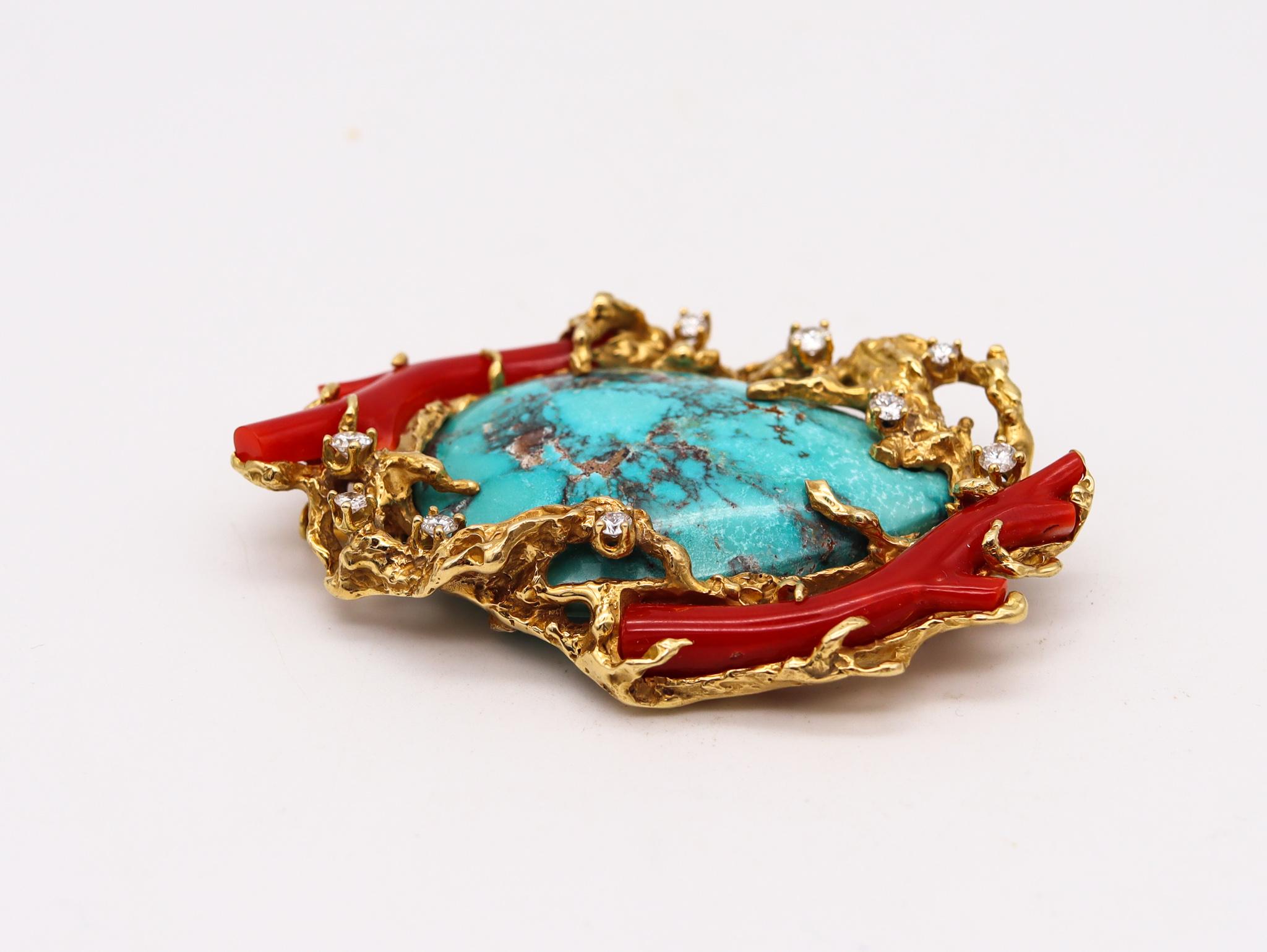 Moderniste Arthur King 1960 Pièce organique en or 18 carats avec 106,41 carats de diamants, turquoise et corail en vente