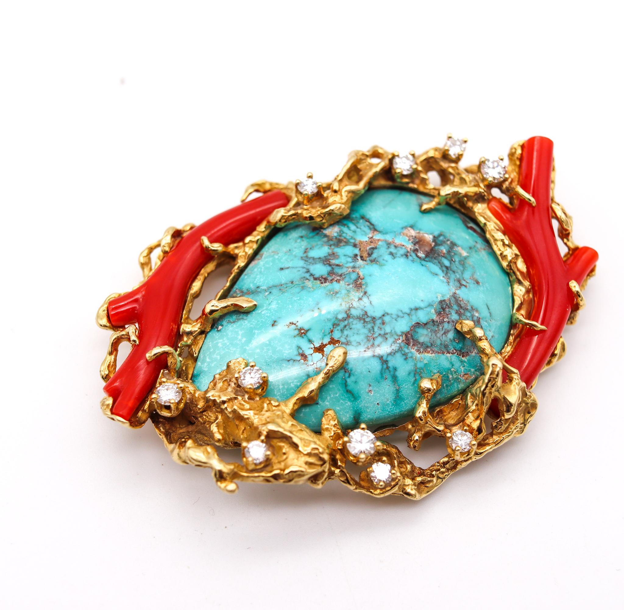 Modernist Arthur King 1960 Organic Piece 18Kt Gold with 106.41 Ct Diamonds Turquoise Coral For Sale
