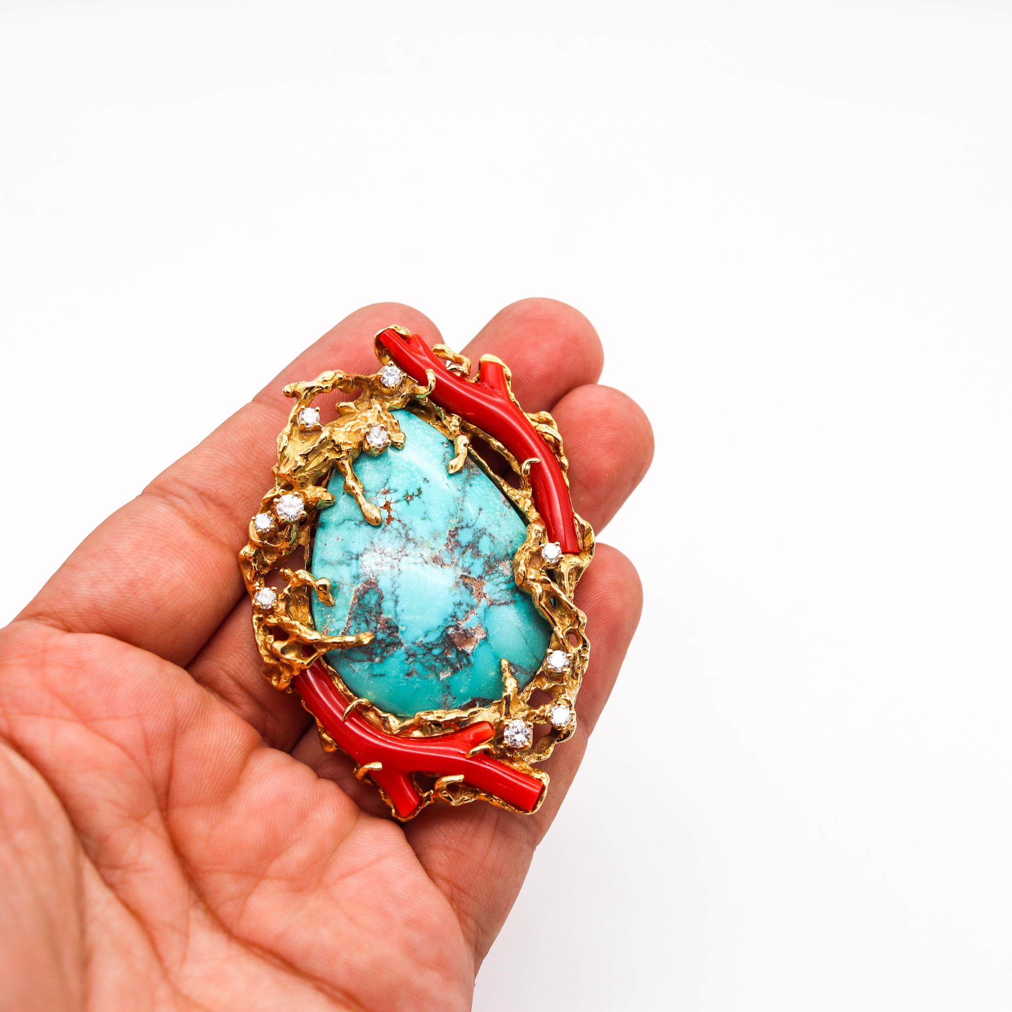 Cabochon Arthur King 1960 Organic Piece 18Kt Gold with 106.41 Ct Diamonds Turquoise Coral For Sale