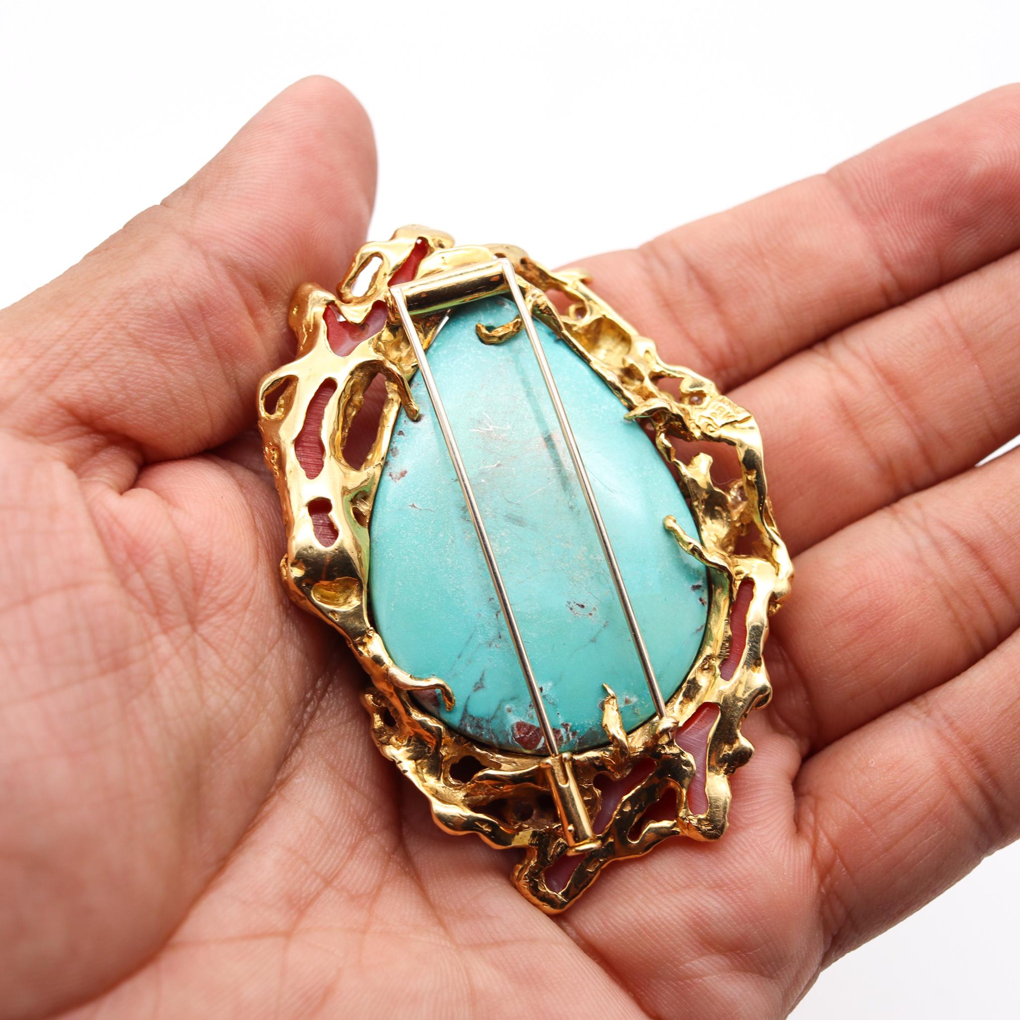 Arthur King 1960 Organic Piece 18Kt Gold with 106.41 Ct Diamonds Turquoise Coral In Excellent Condition For Sale In Miami, FL