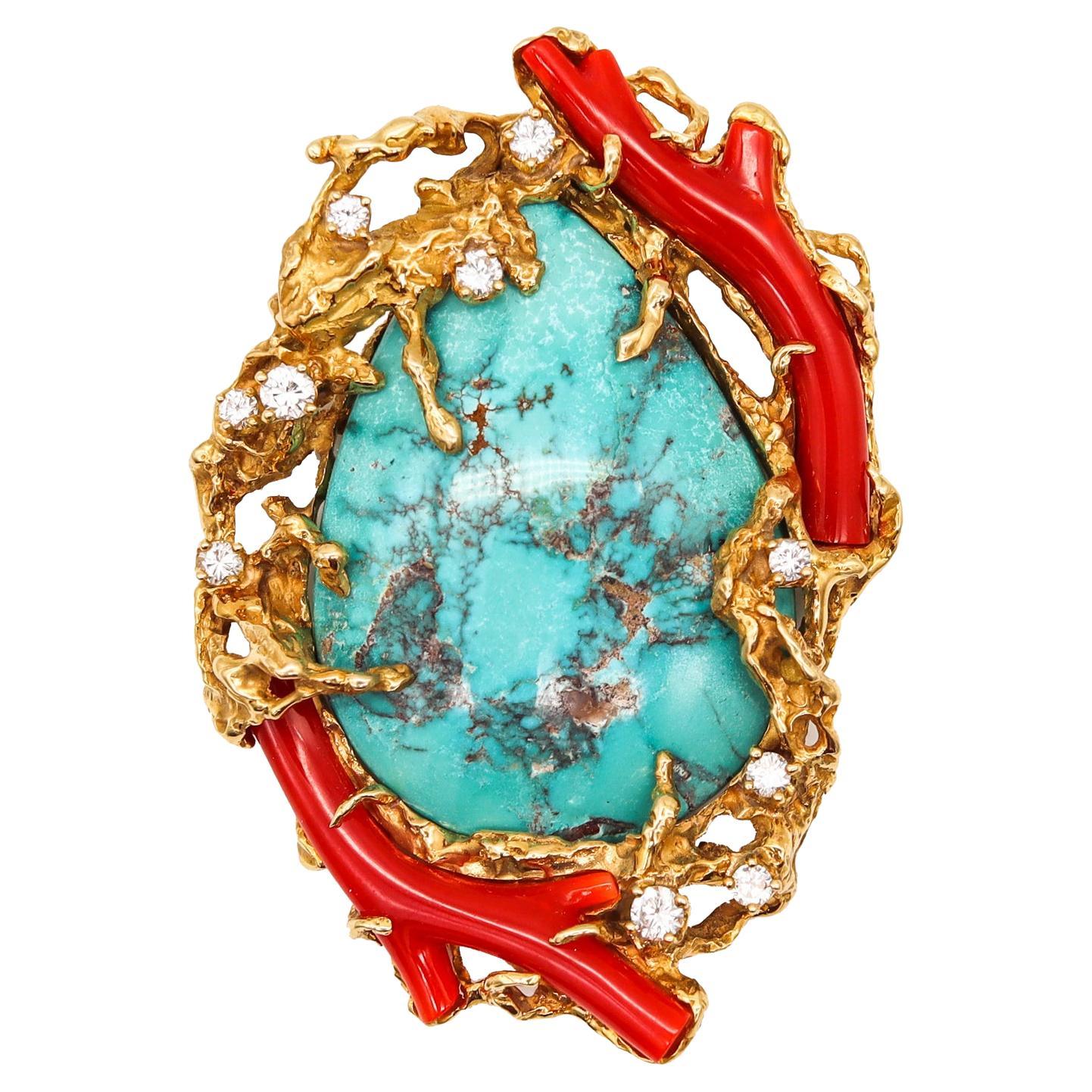 Arthur King 1960 Organic Piece 18Kt Gold with 106.41 Ct Diamonds Turquoise Coral For Sale