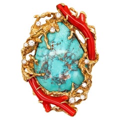 Arthur King 1960 Organic Piece 18Kt Gold with 106.41 Ct Diamonds Turquoise Coral