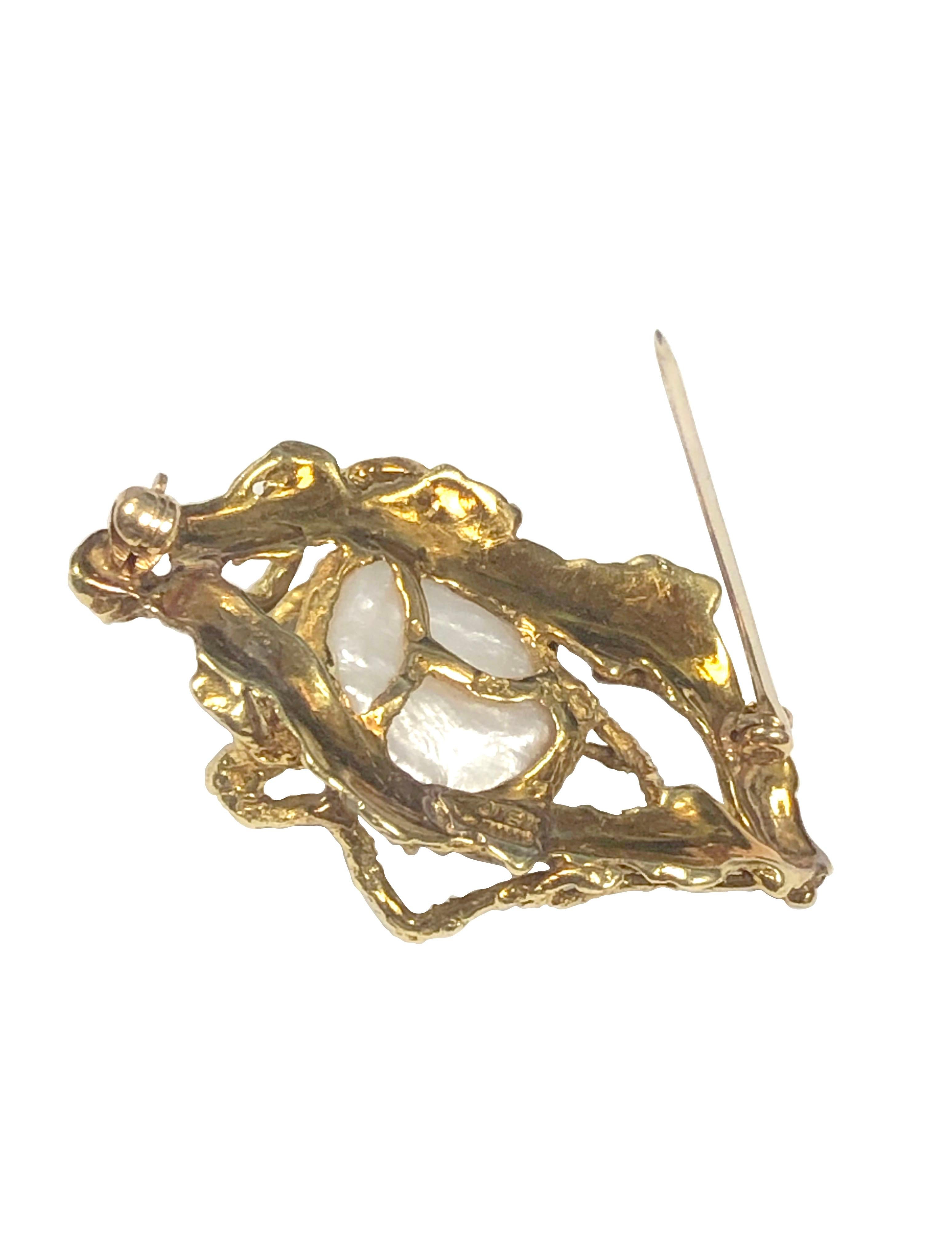 Modernist Arthur King 1960s Free Form Yellow Gold and Pearl Brooch For Sale