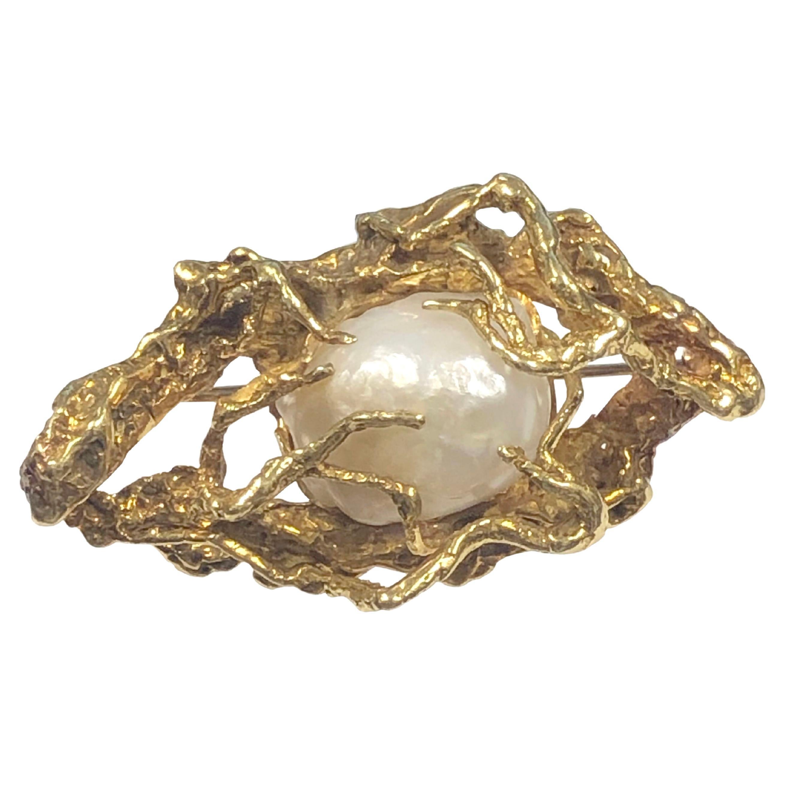 Arthur King 1960s Free Form Yellow Gold and Pearl Brooch