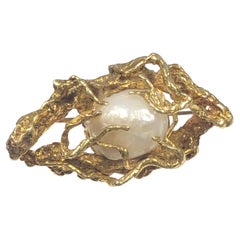 Arthur King 1960s Free Form Yellow Gold and Pearl Brooch