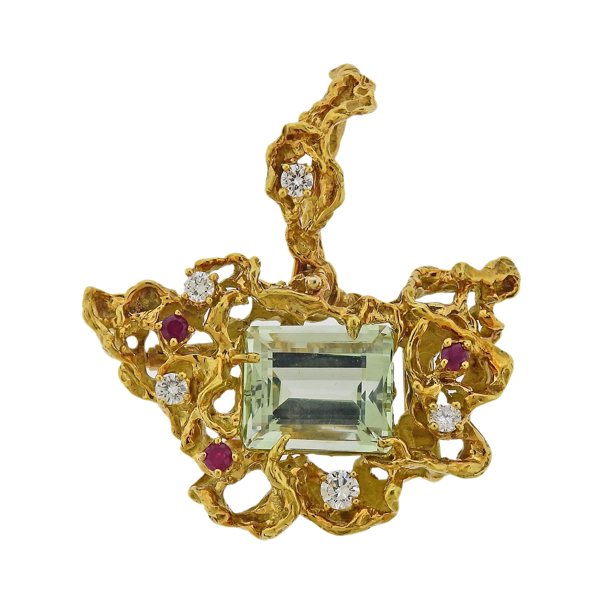 Arthur King 1970s Aquamarine Diamond Ruby Gold Freeform Brooch Pendant 1