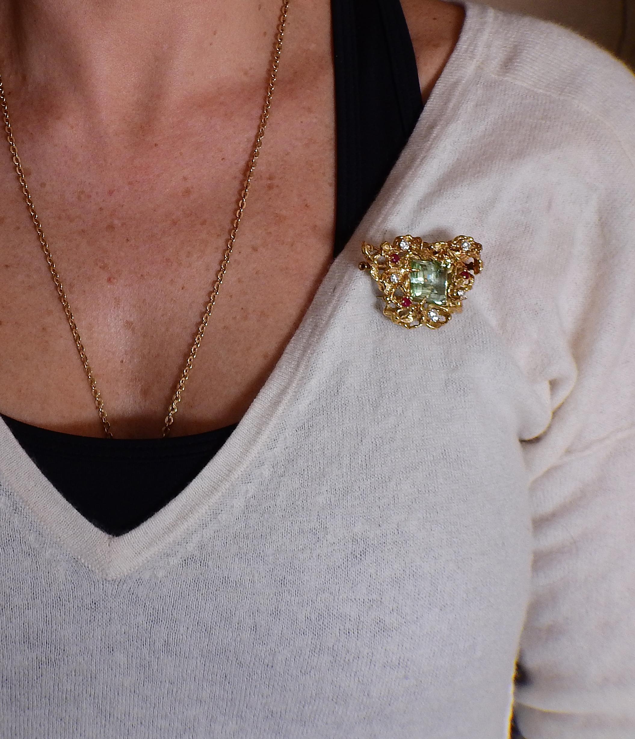Arthur King 1970s Aquamarine Diamond Ruby Gold Freeform Brooch Pendant 3