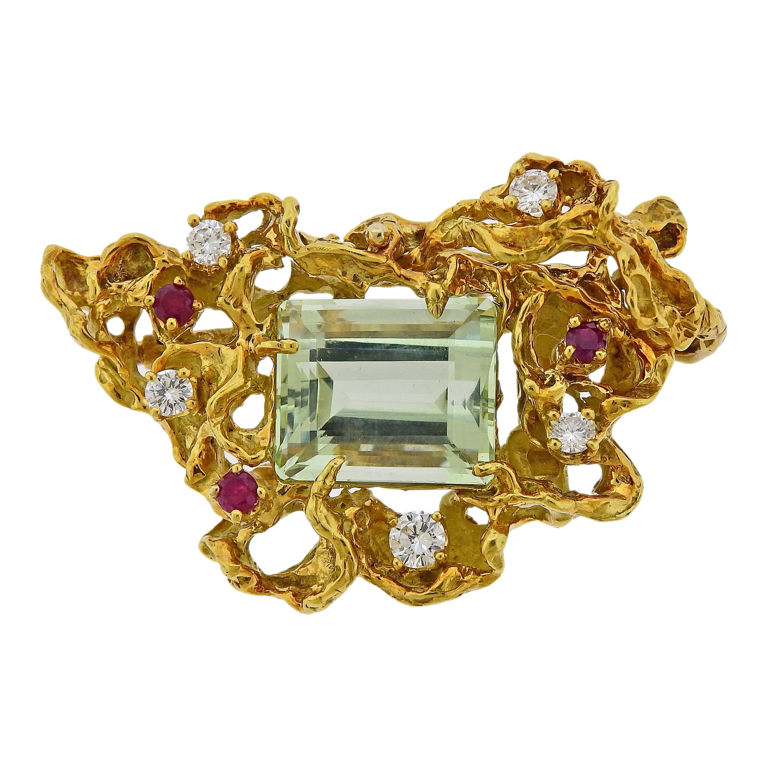 Arthur King 1970s Aquamarine Diamond Ruby Gold Freeform Brooch Pendant