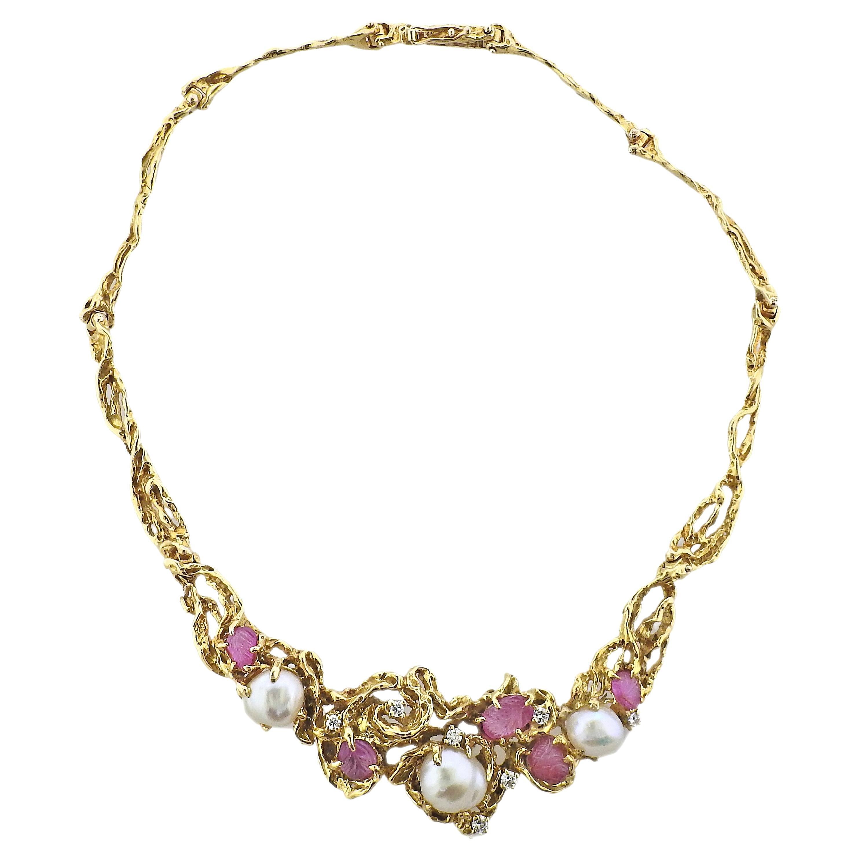 Arthur King 1970s Carved Tourmaline Pearl Diamond Gold Necklace For Sale
