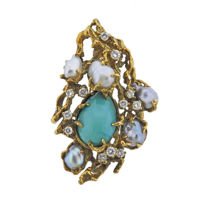 Arthur King 1970s Diamond Pearl Turquoise Gold Free Form Brooch at 1stDibs