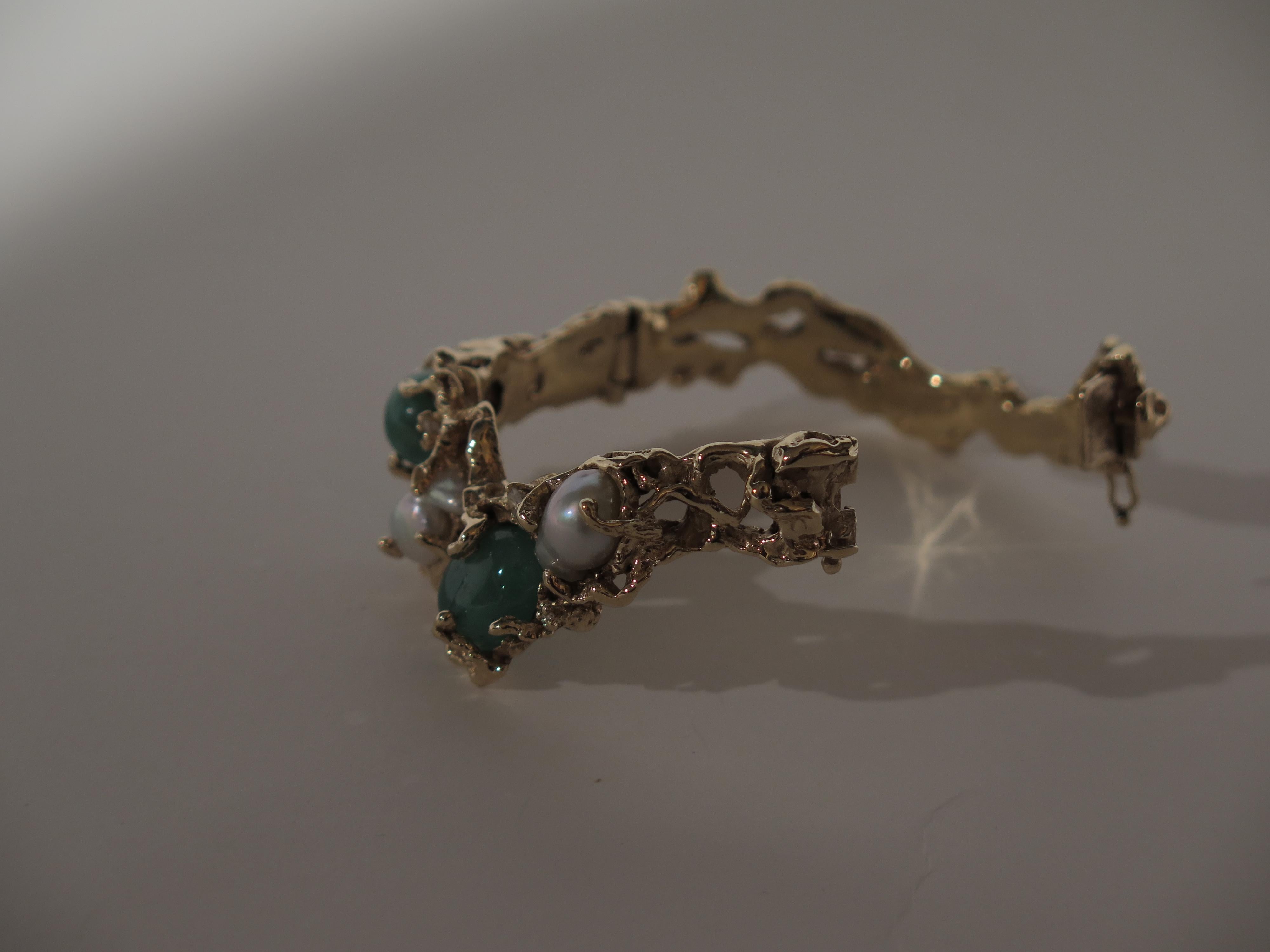 Arthur King 1970s Organic Gold, Emerald, Pearl and Diamond Bracelet 3