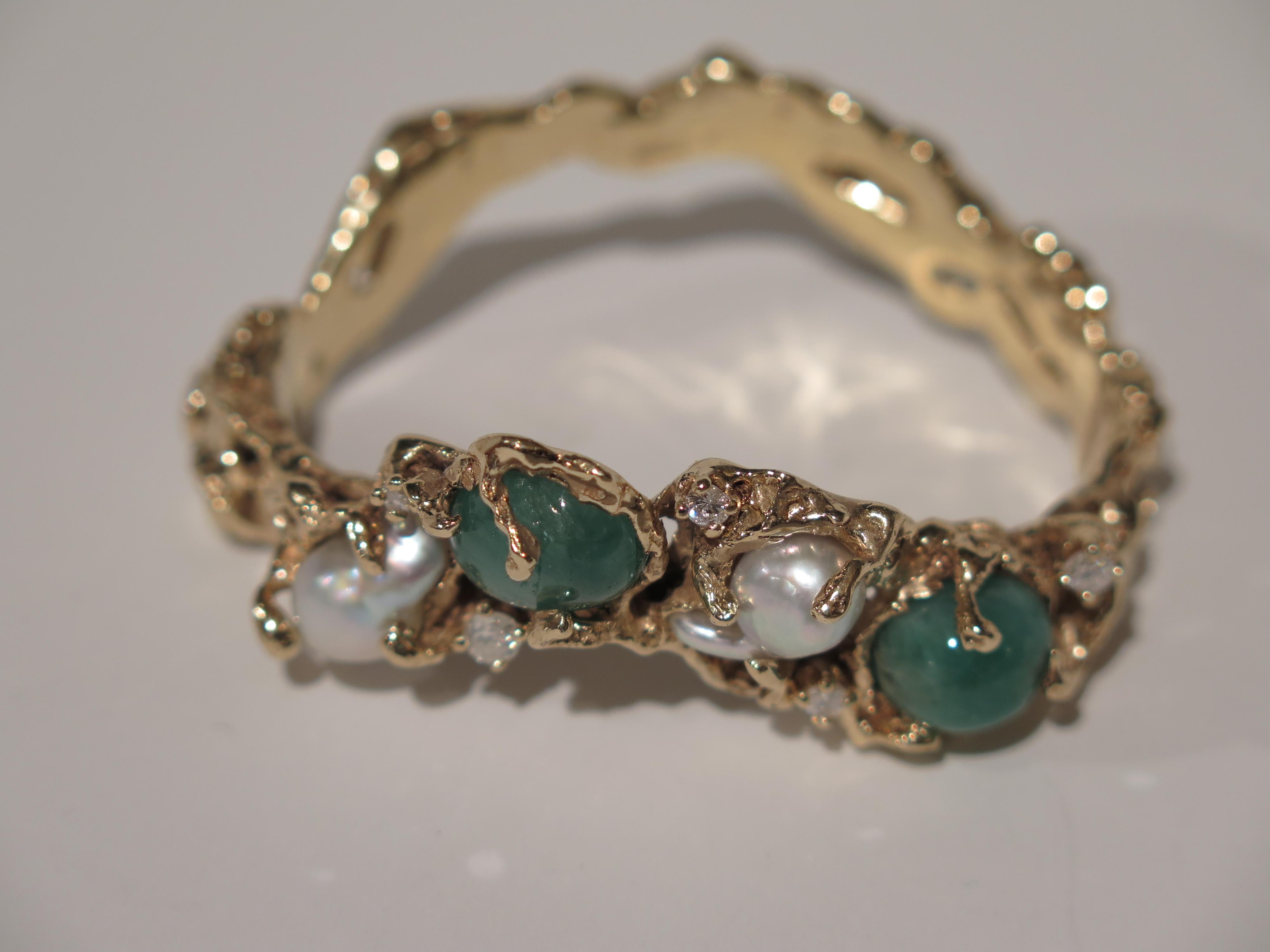 Arthur King 1970s Organic Gold, Emerald, Pearl and Diamond Bracelet 4