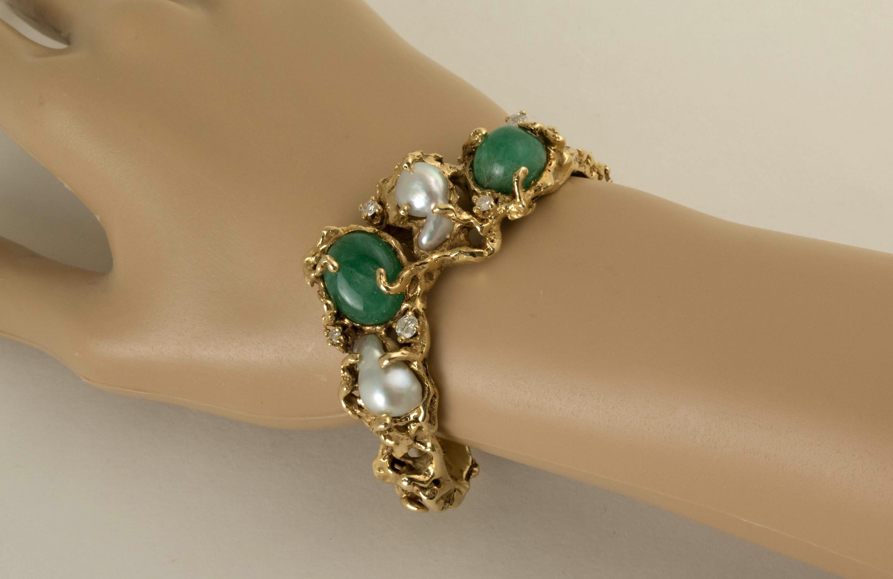 Modern Arthur King 1970s Organic Gold, Emerald, Pearl and Diamond Bracelet