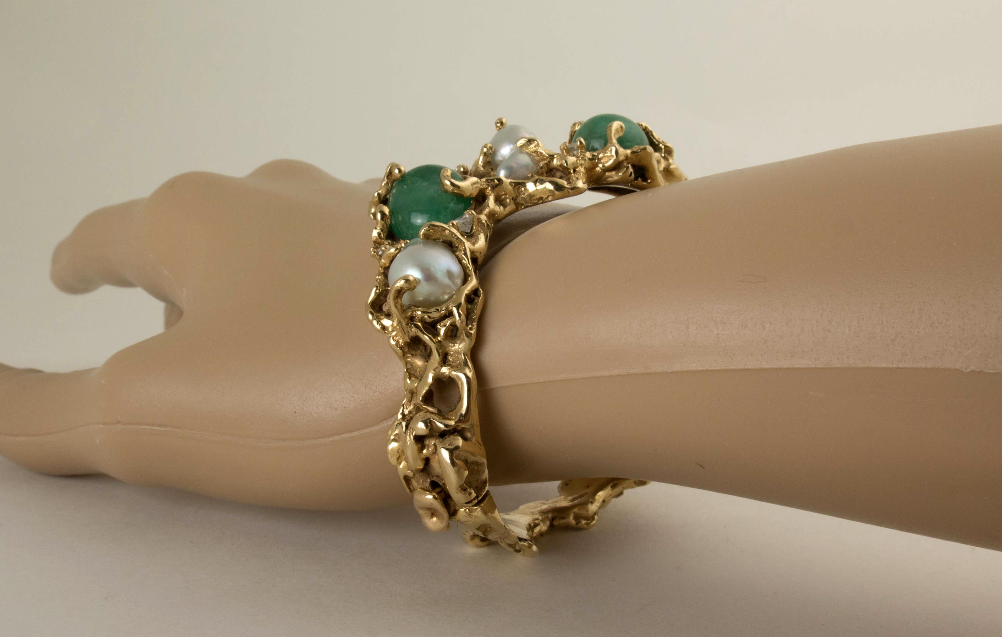 Round Cut Arthur King 1970s Organic Gold, Emerald, Pearl and Diamond Bracelet