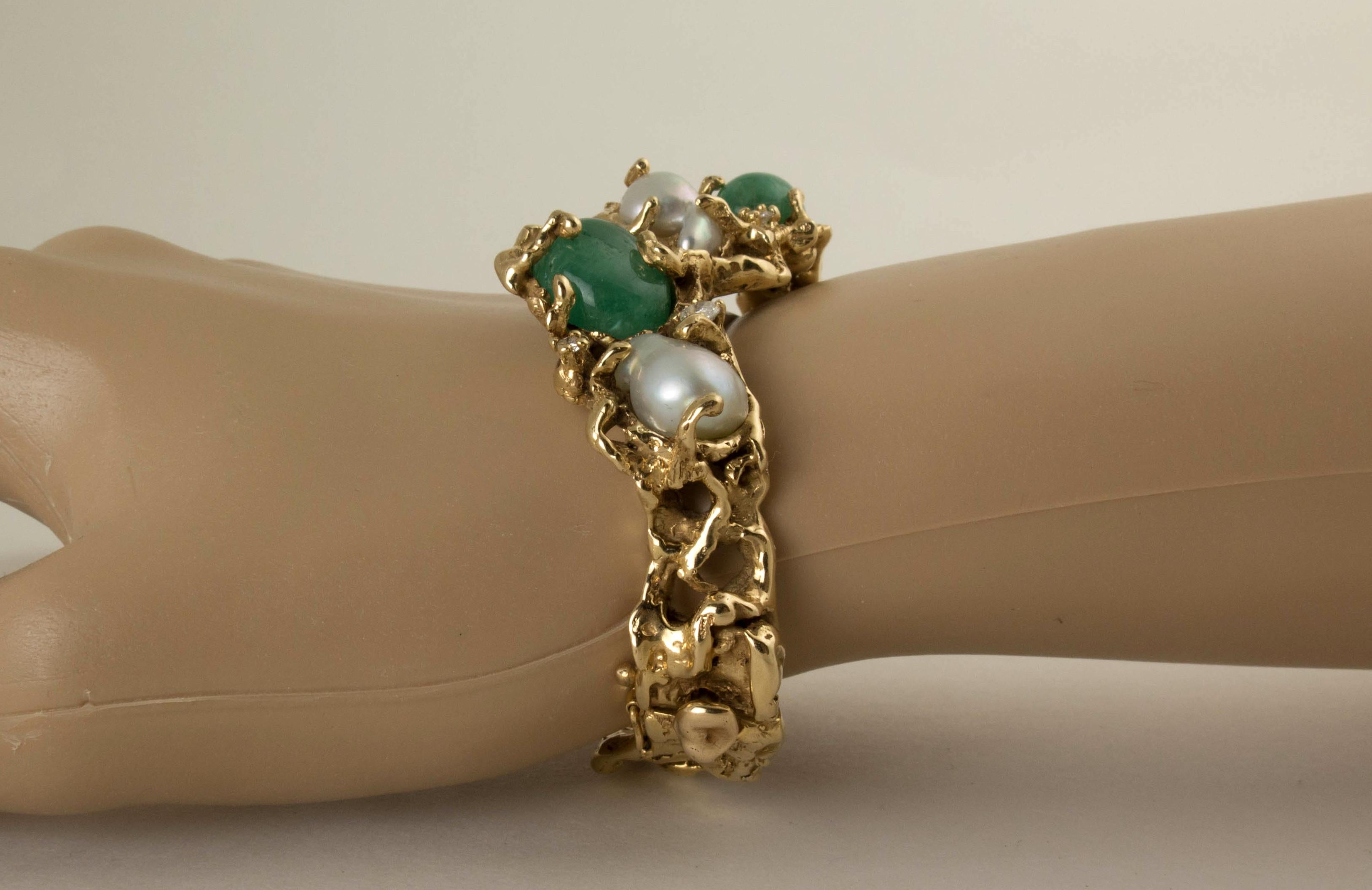 Arthur King 1970s Organic Gold, Emerald, Pearl and Diamond Bracelet In Good Condition In Austin, TX