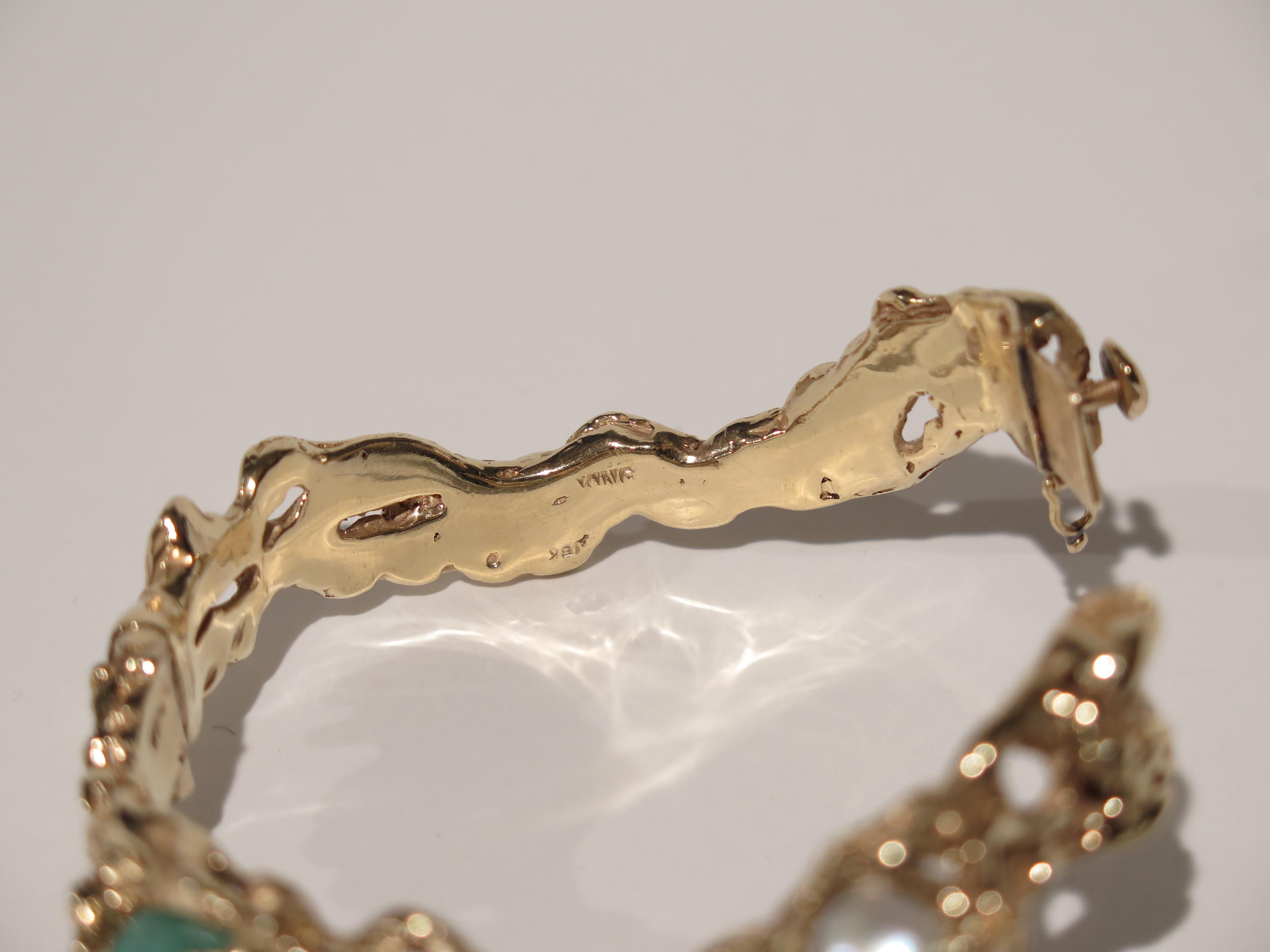 Arthur King 1970s Organic Gold, Emerald, Pearl and Diamond Bracelet 1