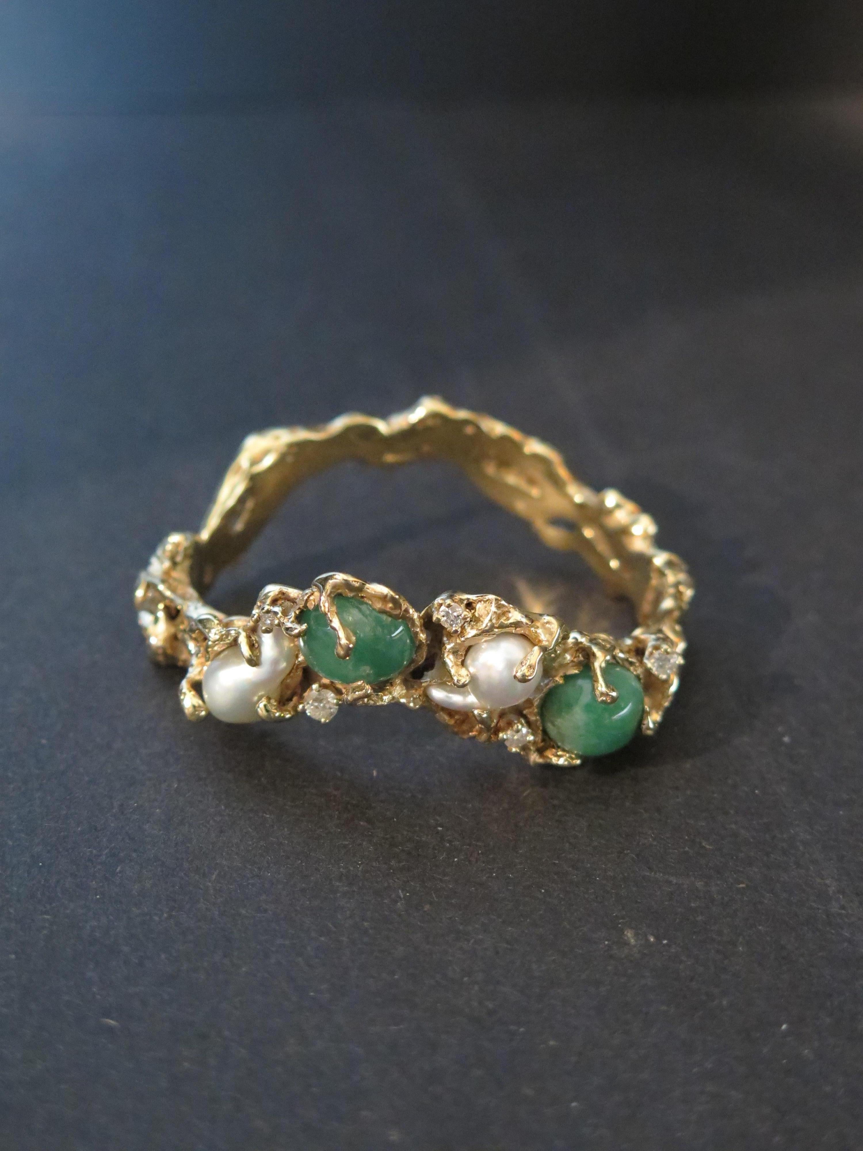 Arthur King 1970s Organic Gold, Emerald, Pearl and Diamond Bracelet 2