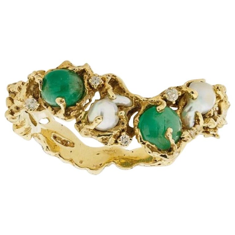 Arthur King 1970s Organic Gold, Emerald, Pearl and Diamond Bracelet For