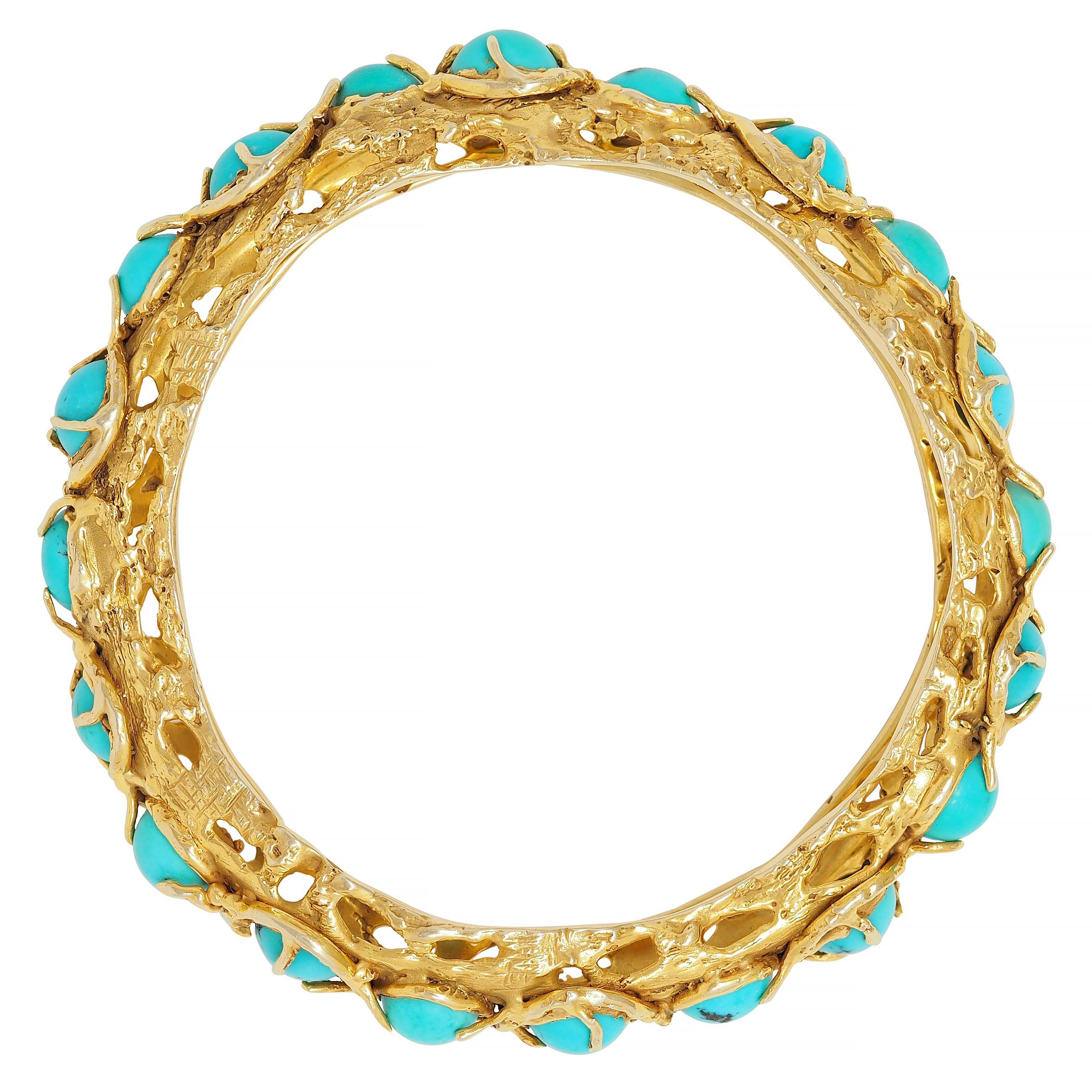 Arthur King Brutalist Turquoise Cabochon 18K Gold Vintage Bangle Bracelet 5