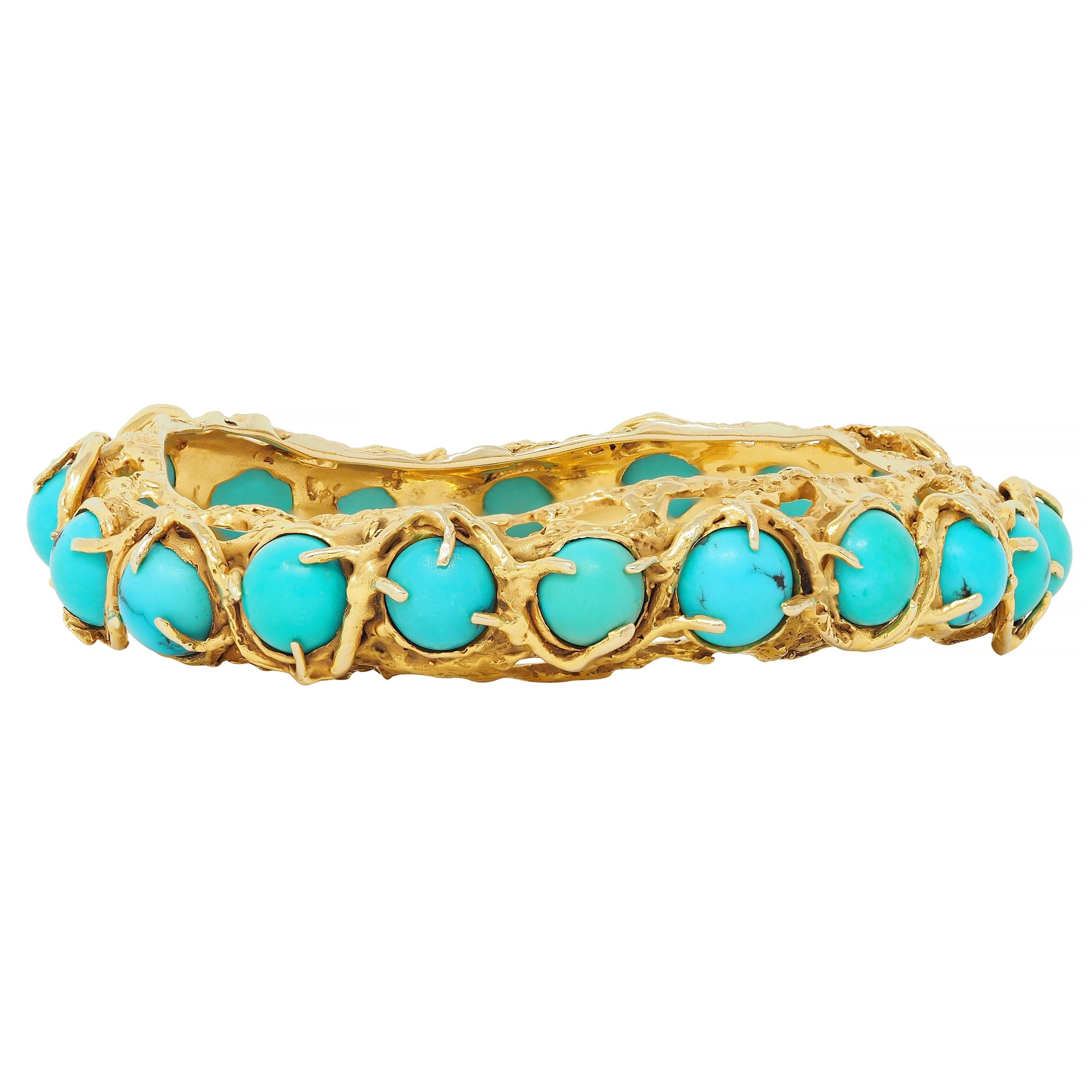 Modern Arthur King Brutalist Turquoise Cabochon 18K Gold Vintage Bangle Bracelet