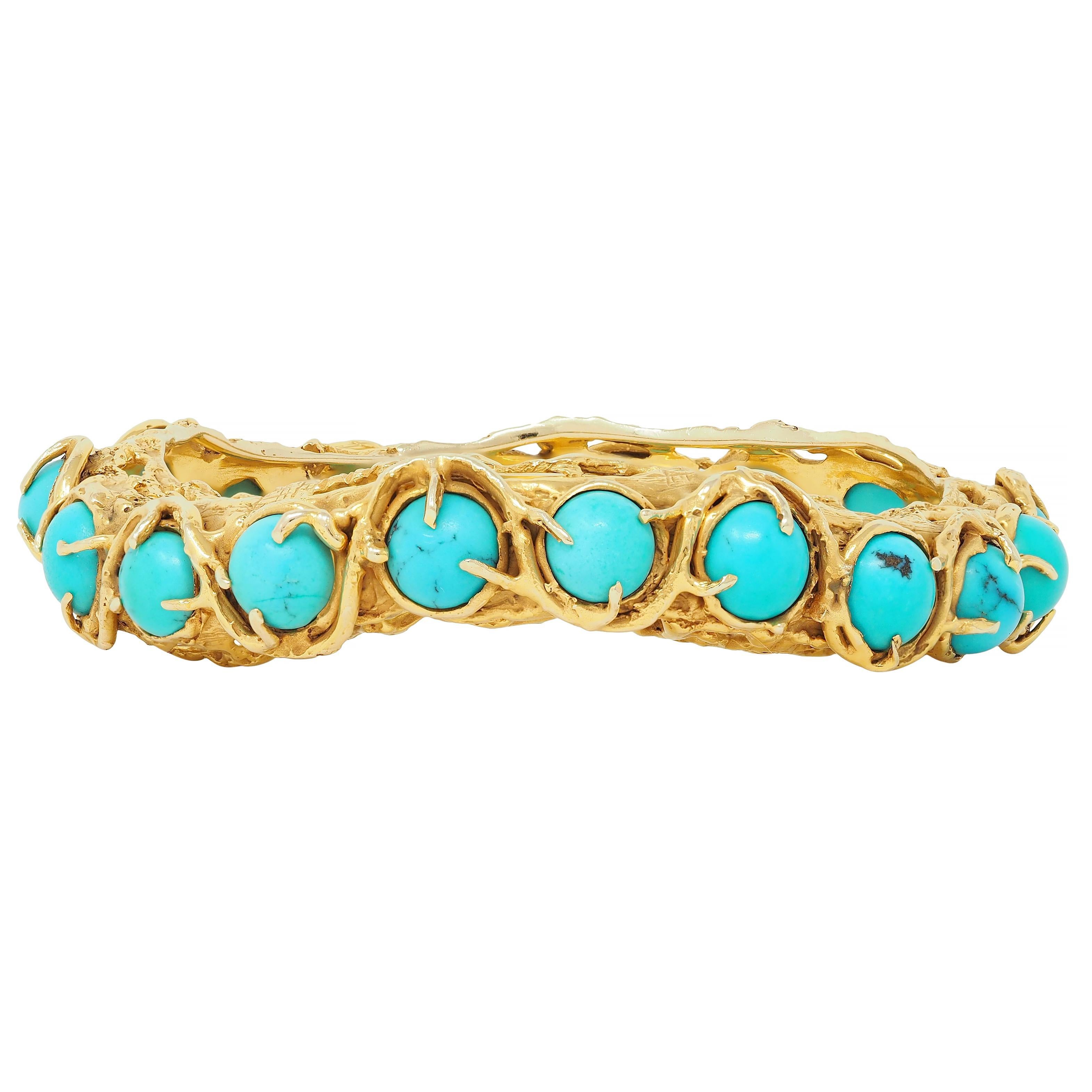 Arthur King Brutalist Turquoise Cabochon 18K Gold Vintage Bangle Bracelet In Excellent Condition In Philadelphia, PA