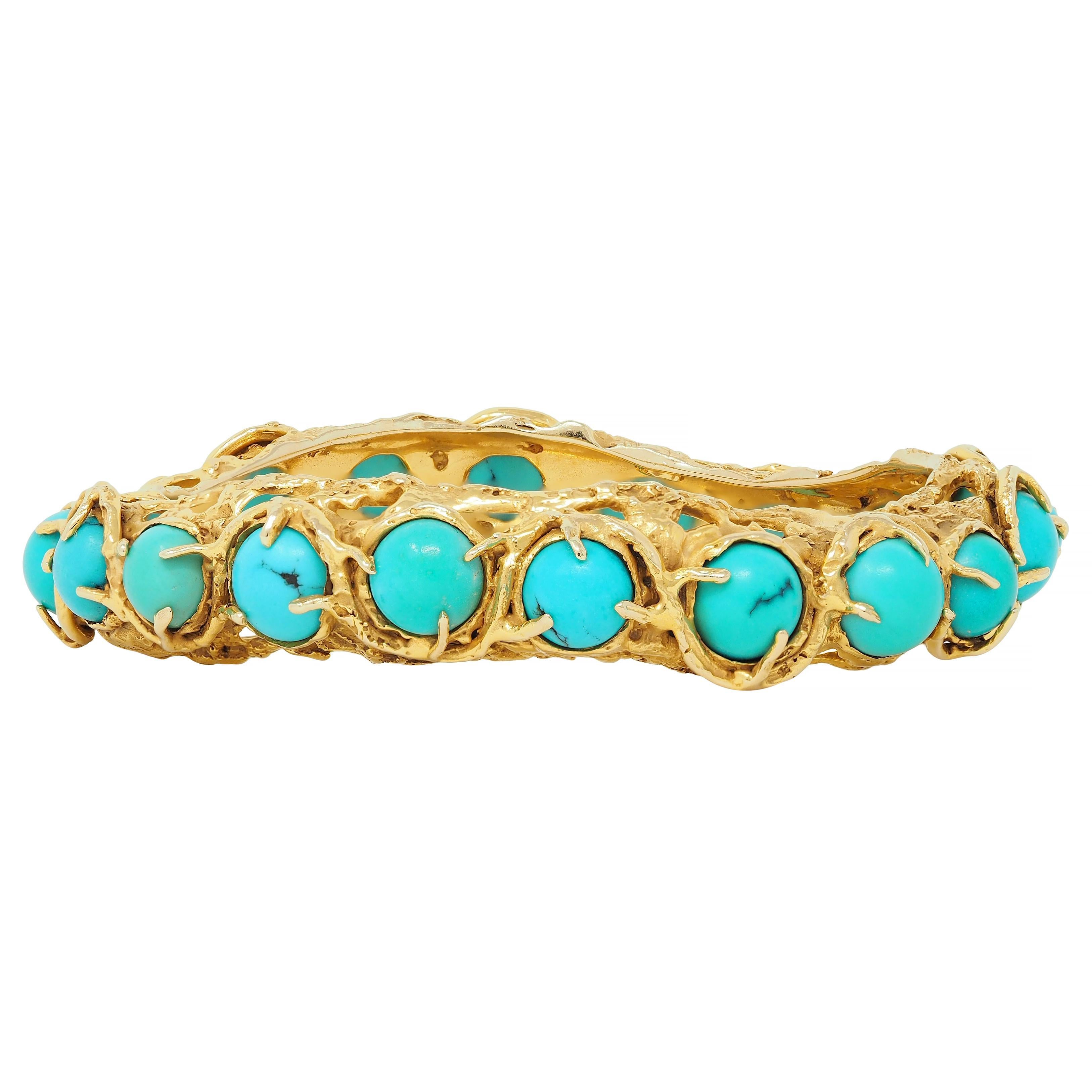 Women's or Men's Arthur King Brutalist Turquoise Cabochon 18K Gold Vintage Bangle Bracelet