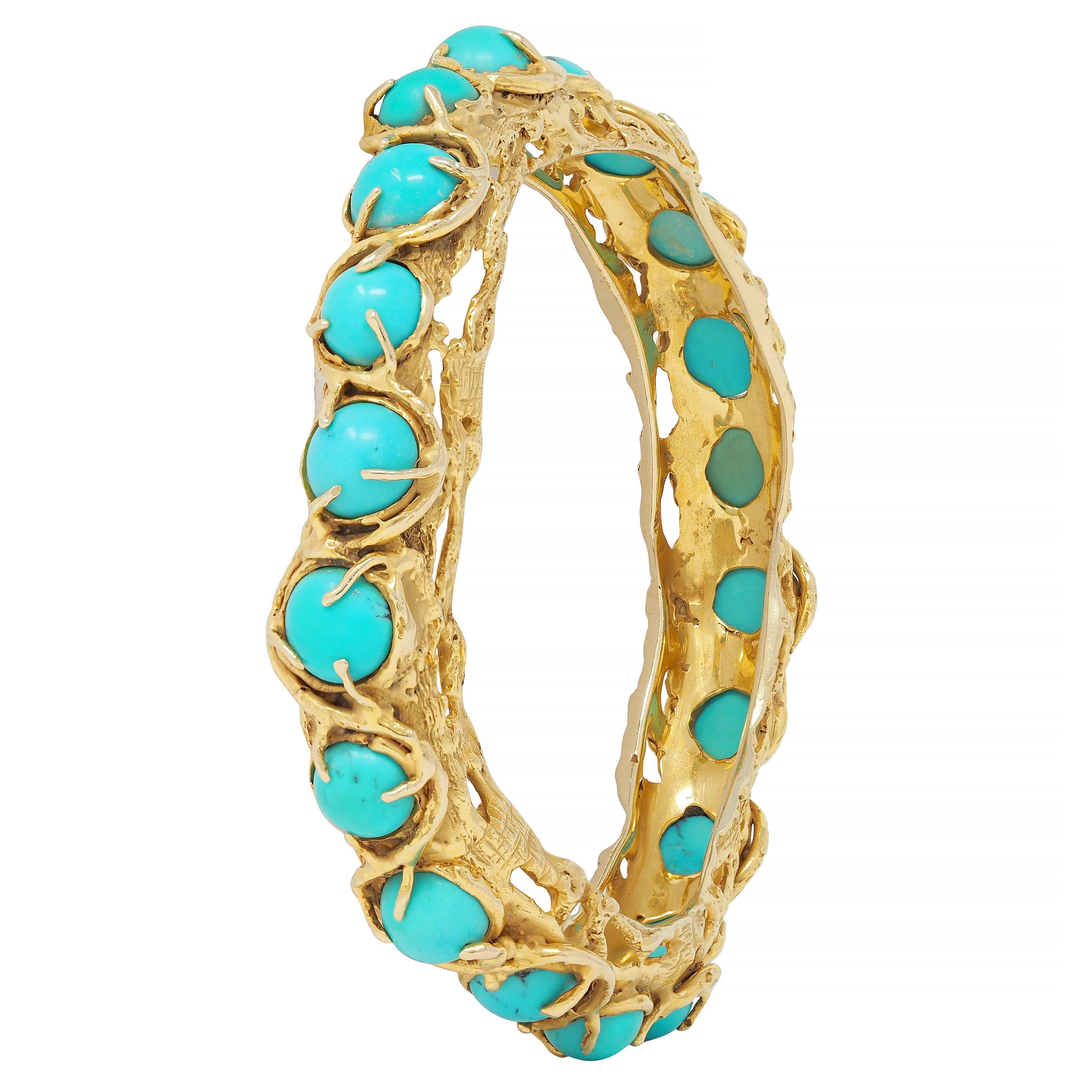 Arthur King Brutalist Turquoise Cabochon 18K Gold Vintage Bangle Bracelet 1